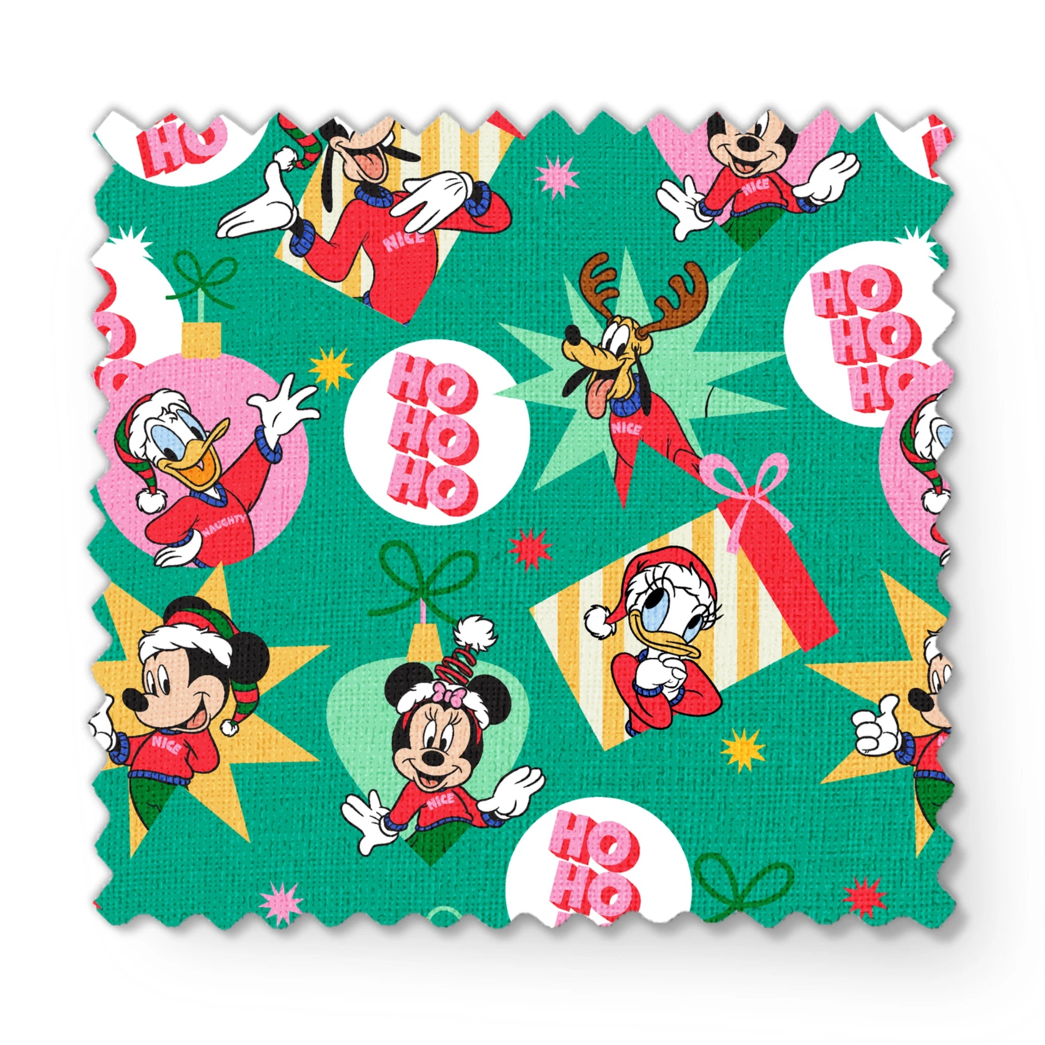 Festive Disney characters on green holiday pattern with "Ho Ho Ho" text and Christmas ornaments fabric swatch mockup