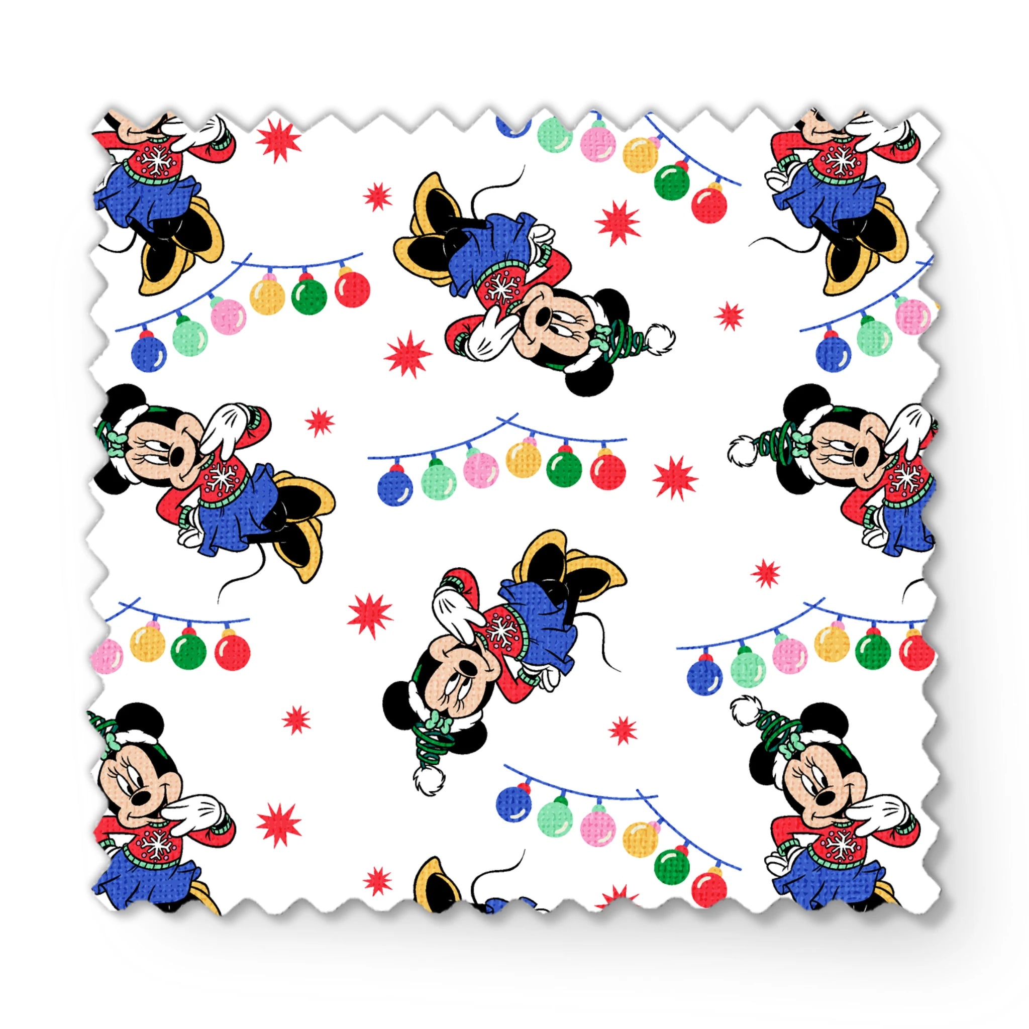 Minnie Mouse in Santa hats with blue outfits surrounded by colorful string lights and red stars on white background fabric swatch mockup