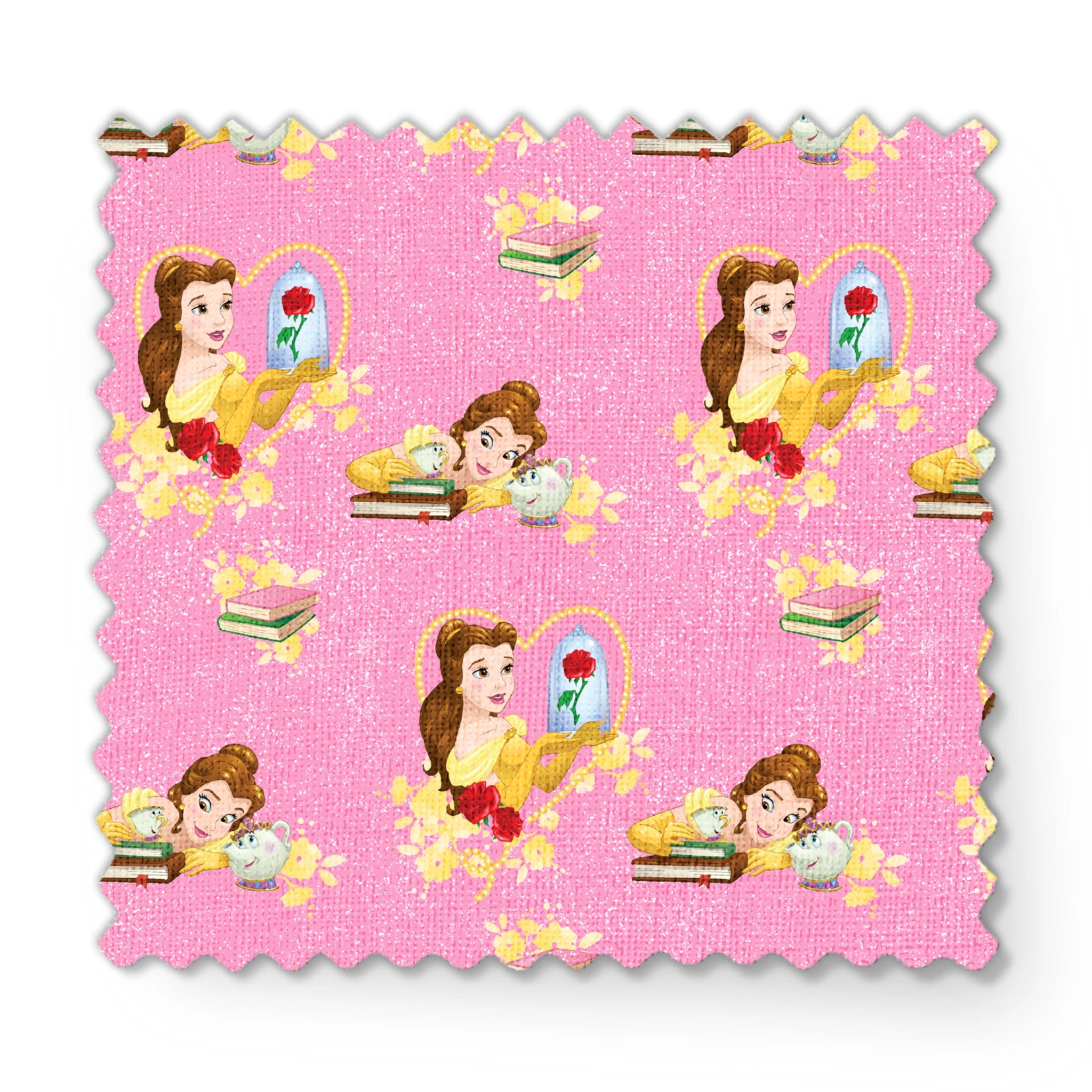 Repeating pattern of Disney's Belle character with enchanted rose and books on pink sparkly background fabric swatch mockup