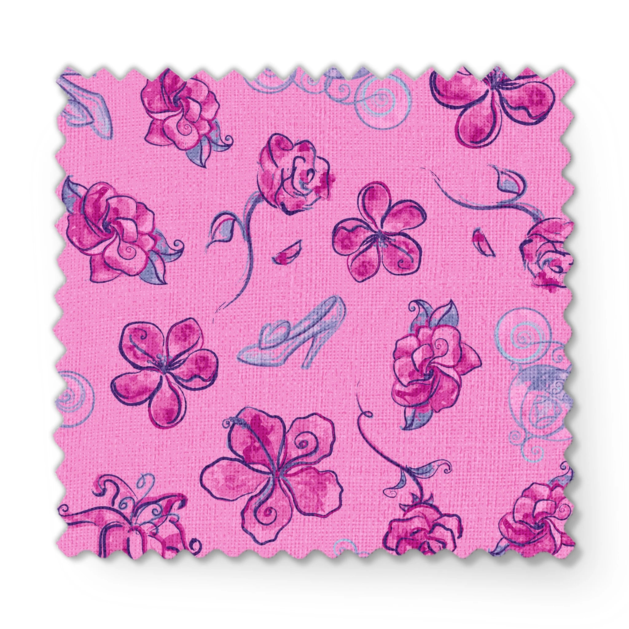 Whimsical Cinderella pattern of purple flowers, roses, and glass slipper outlines on pink background fabric swatch mockup