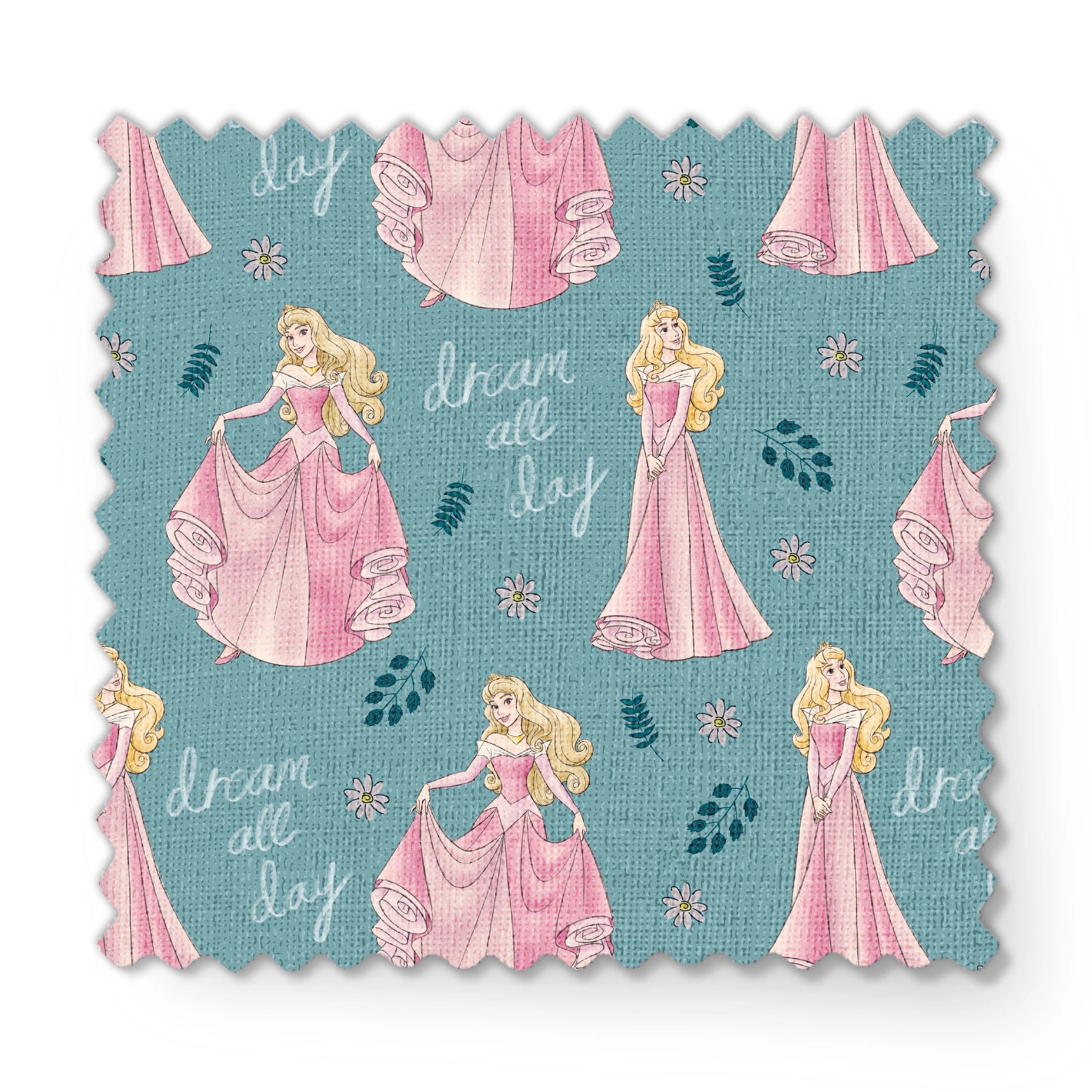 Sleeping Beauty pattern with "dream all day" text on teal background with floral elements fabric swatch mockup