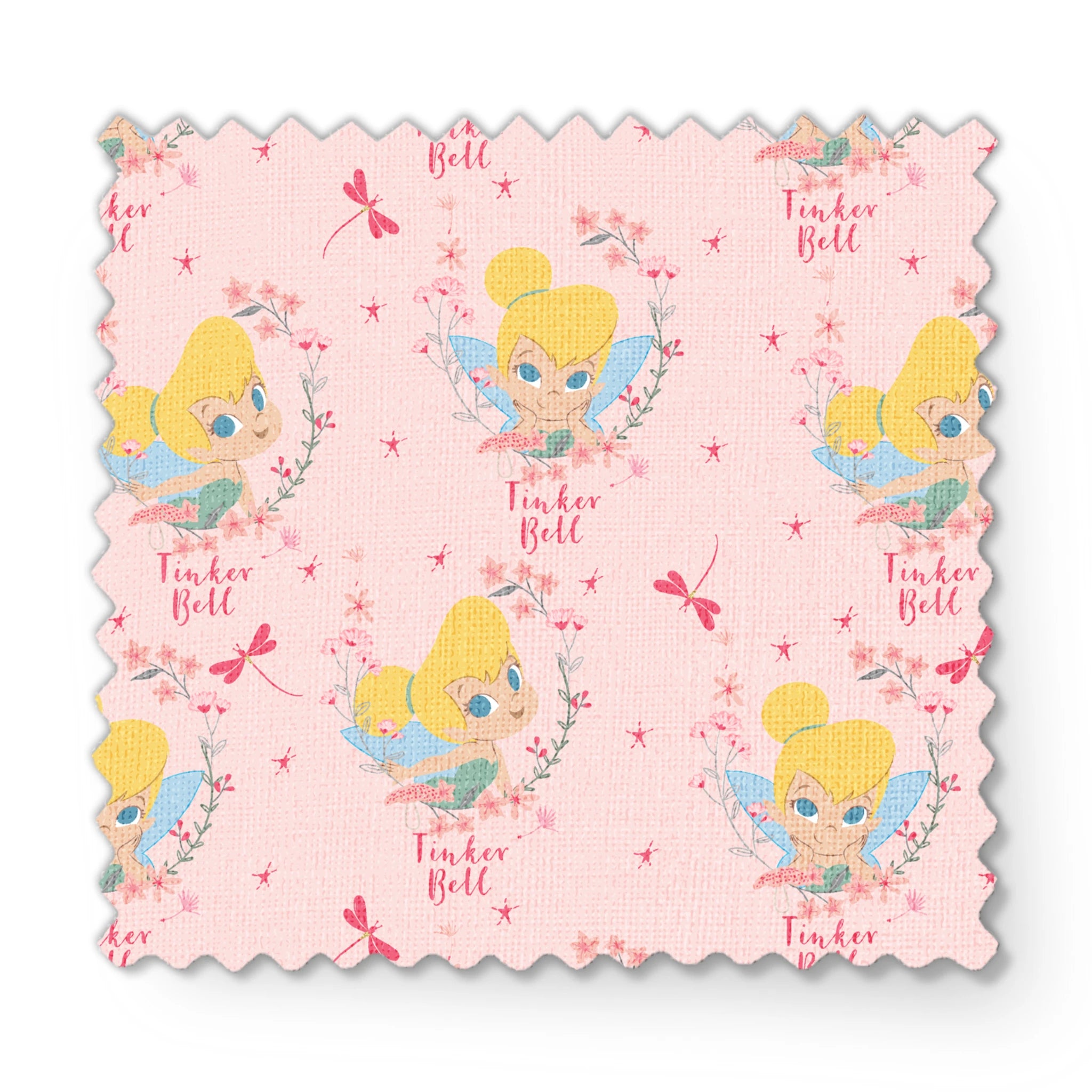 Pink background with Tinker Bell surrounded by flowers, stars, and dragonflies fabric swatch mockup