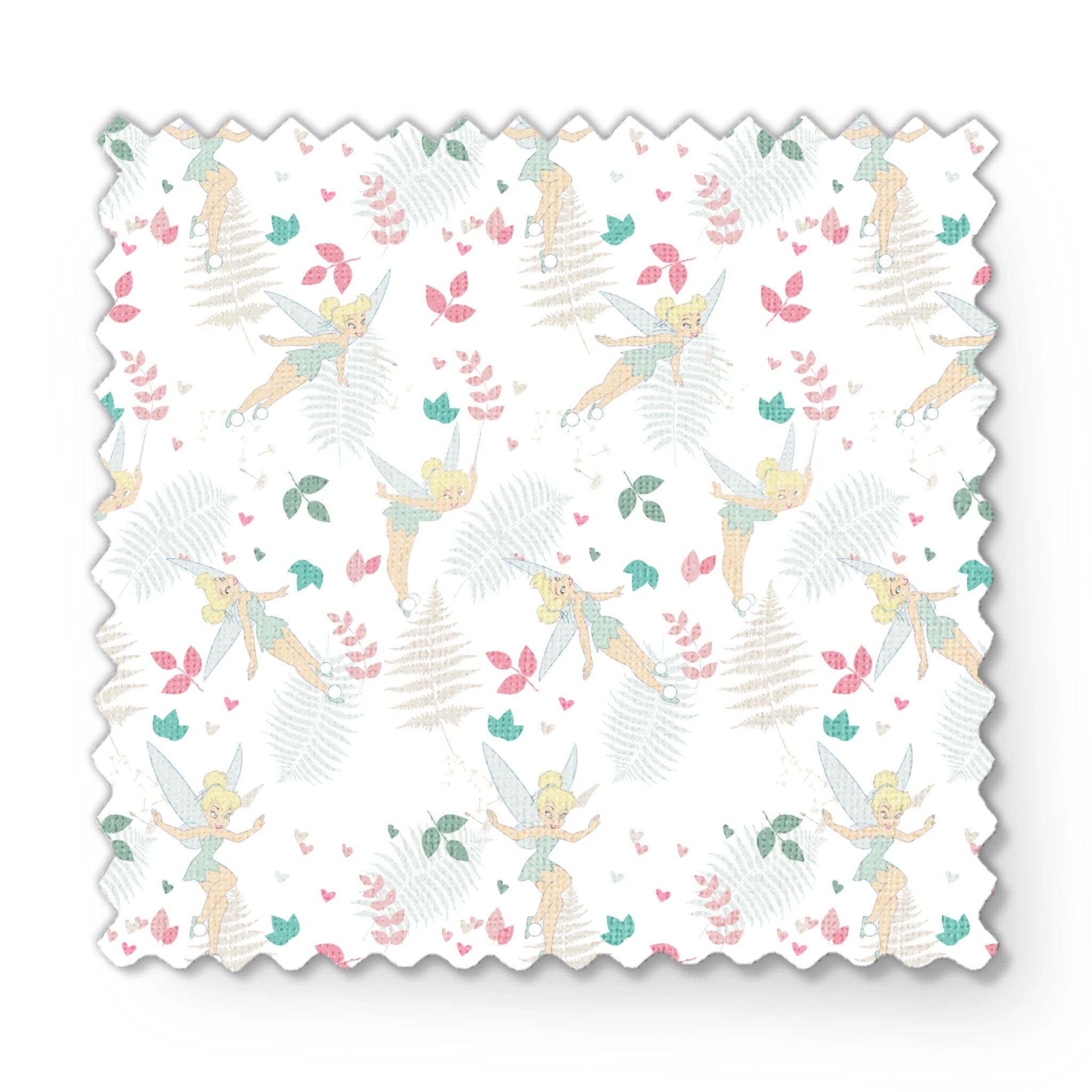 Whimsical pattern with Tinker Bell, white ferns, pink and teal foliage on light background fabric swatch mockup