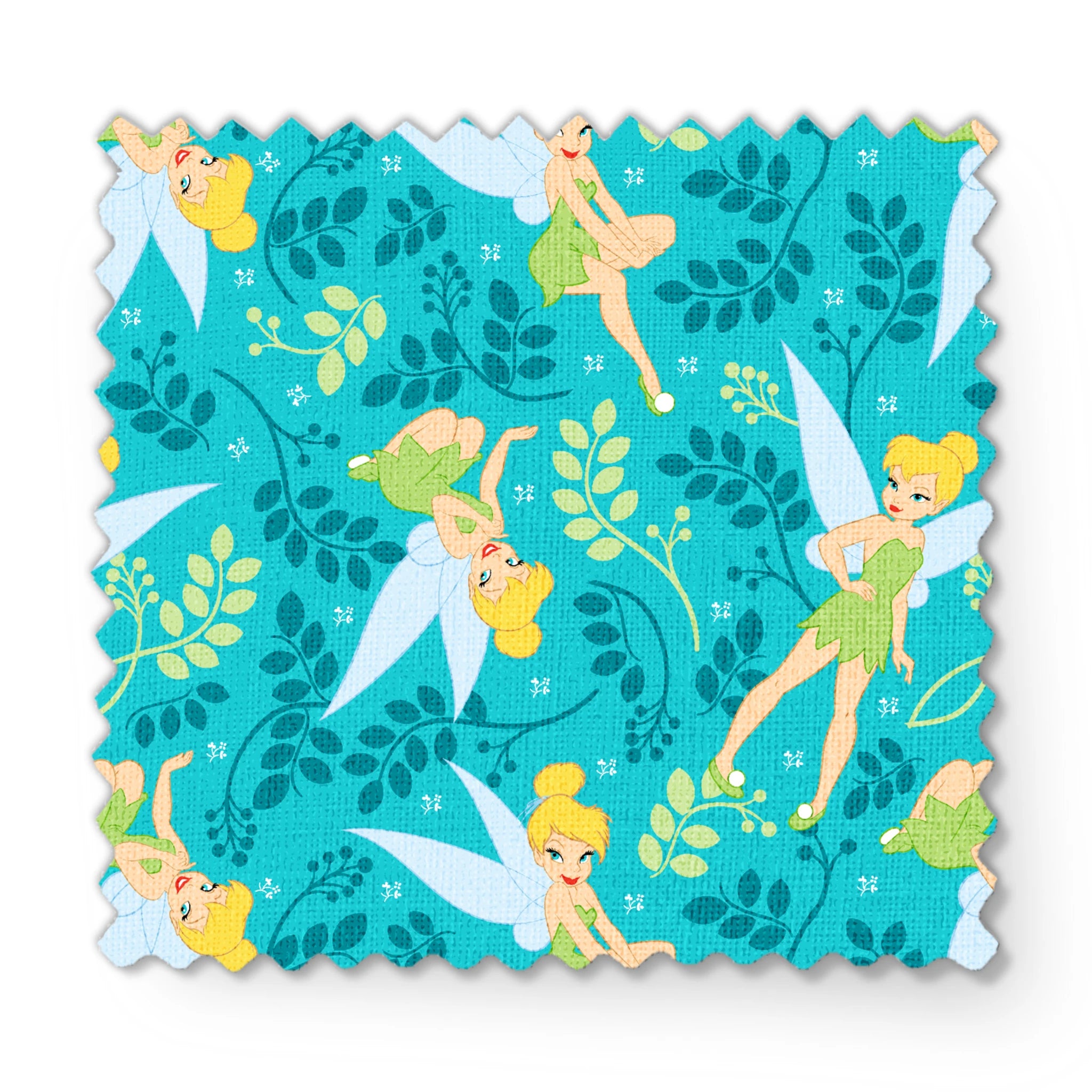 A whimsical pattern featuring Tinker Bell against a teal background with decorative green foliage and yellow accents. fabric swatch mockup