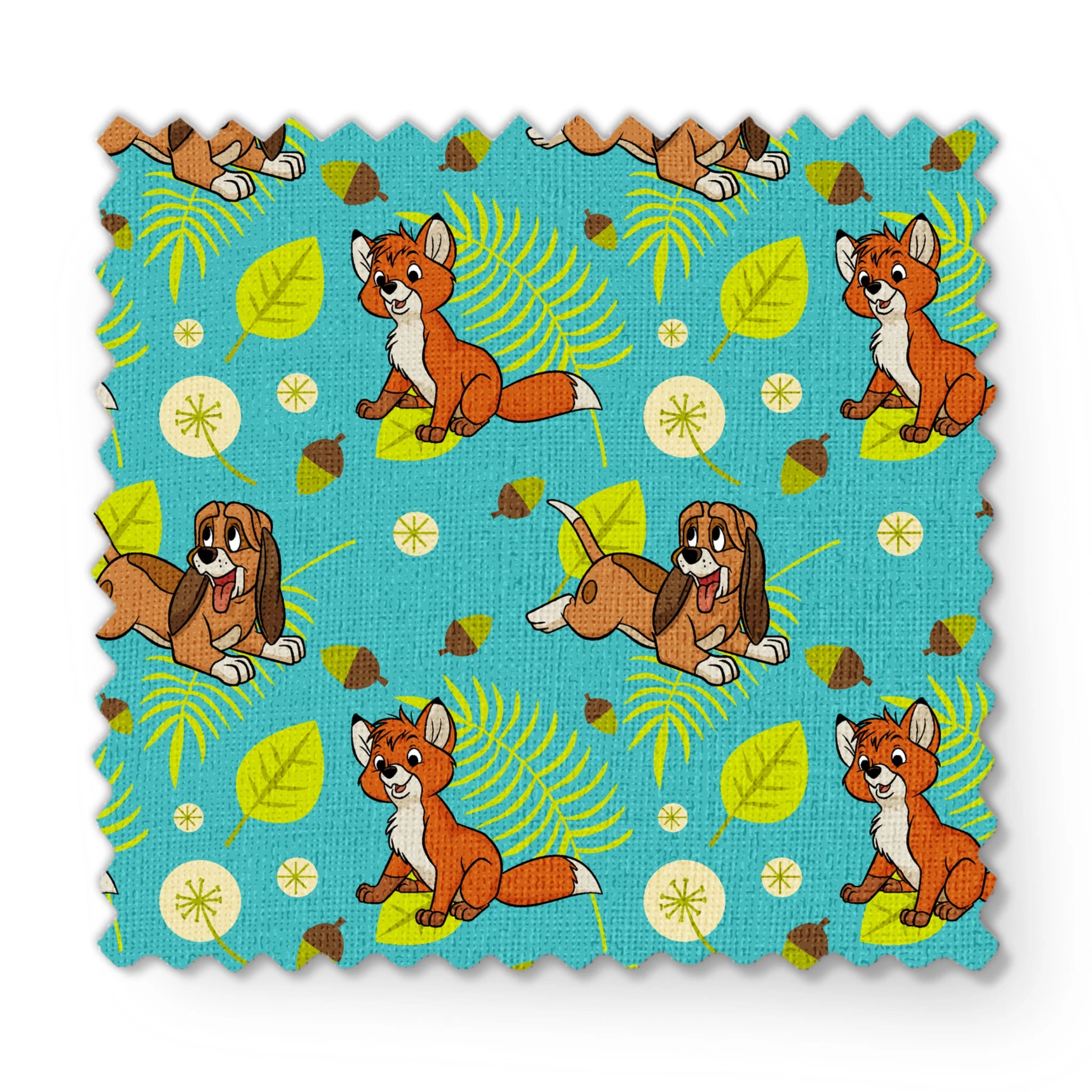 The Fox and the Hound characters on turquoise background with yellow leaves and acorns fabric swatch mockup