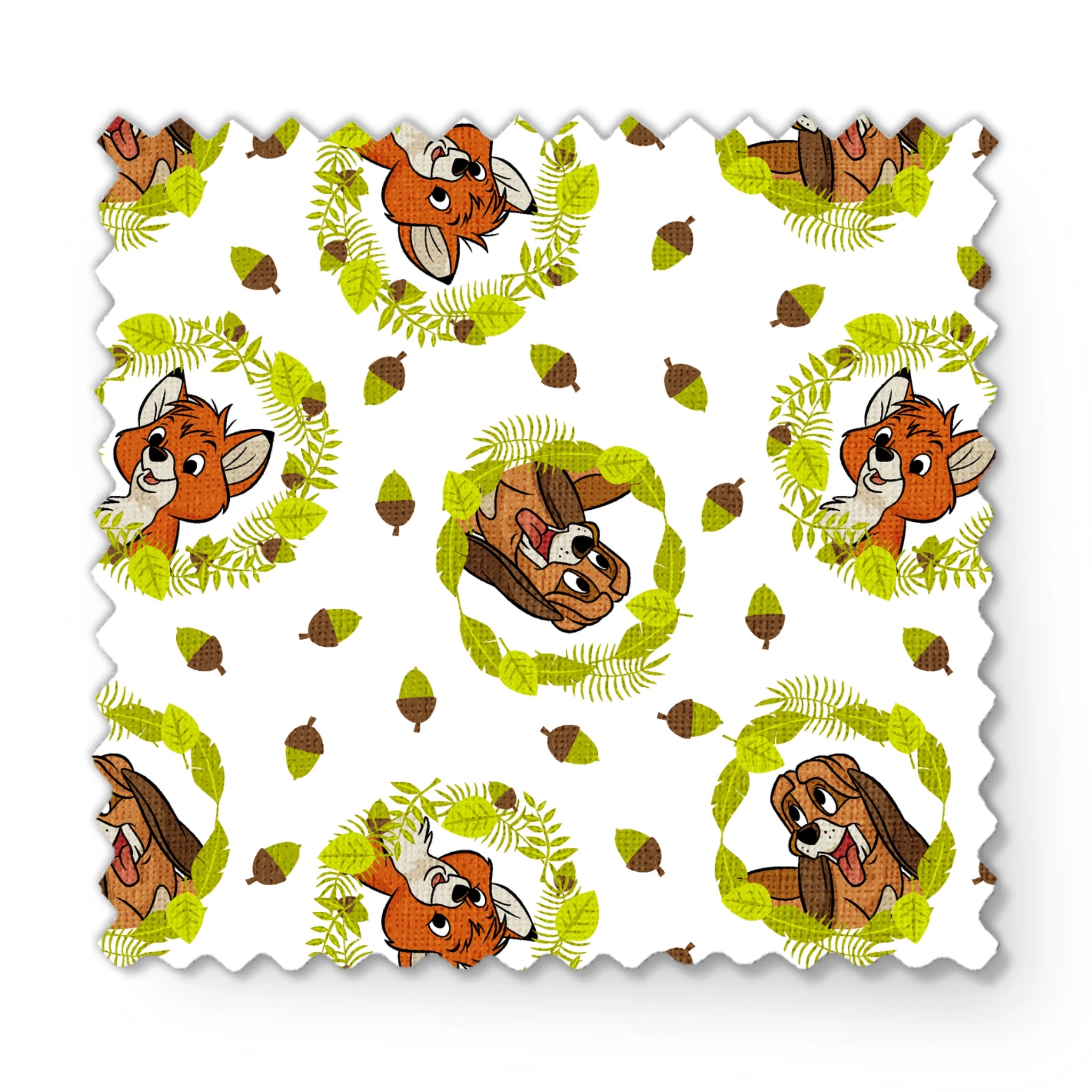Fox and the Hound characters in green leafy wreaths with scattered acorns on white background fabric swatch mockup