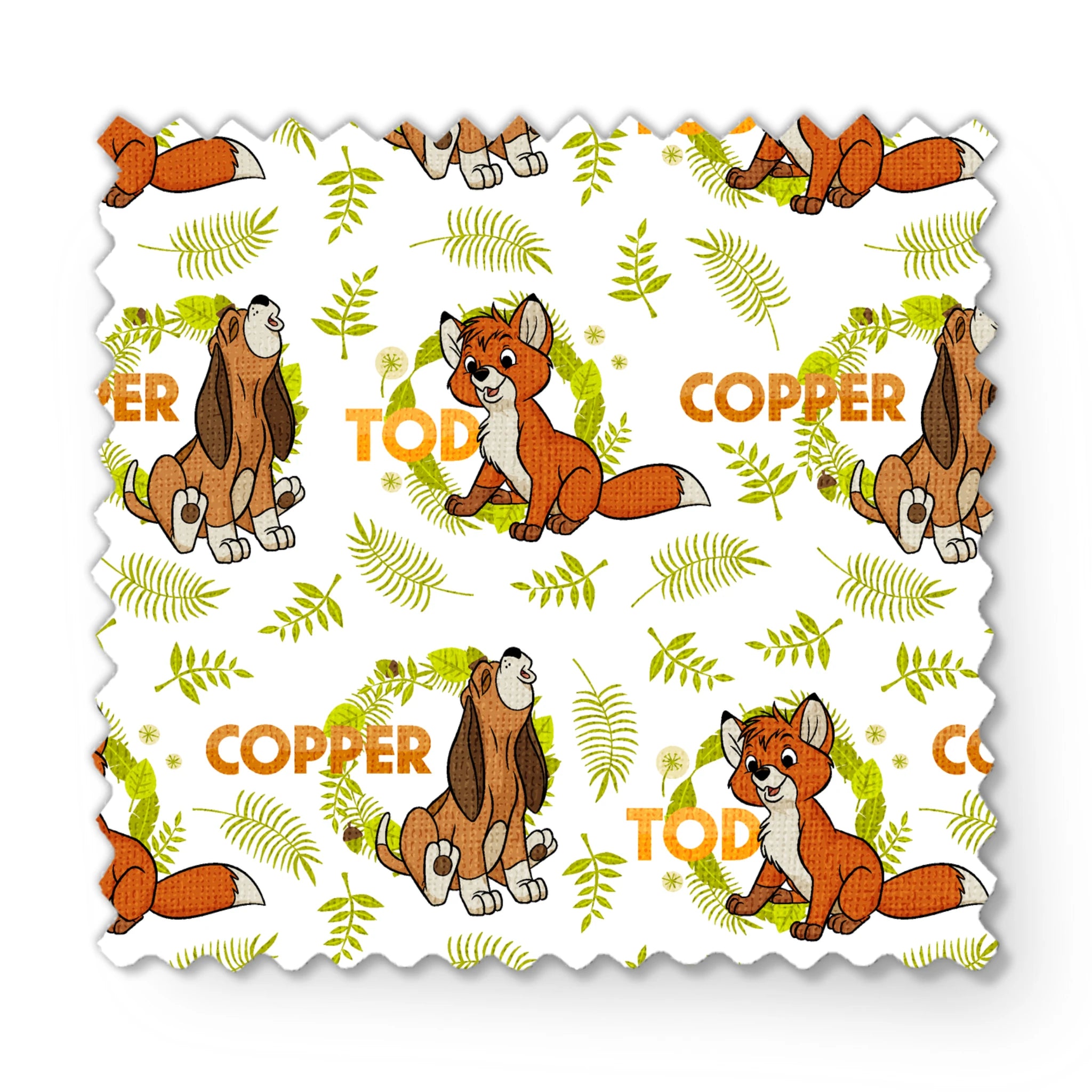 Fox and the Hound pattern with name "COPPER" and green fern background design fabric swatch mockup