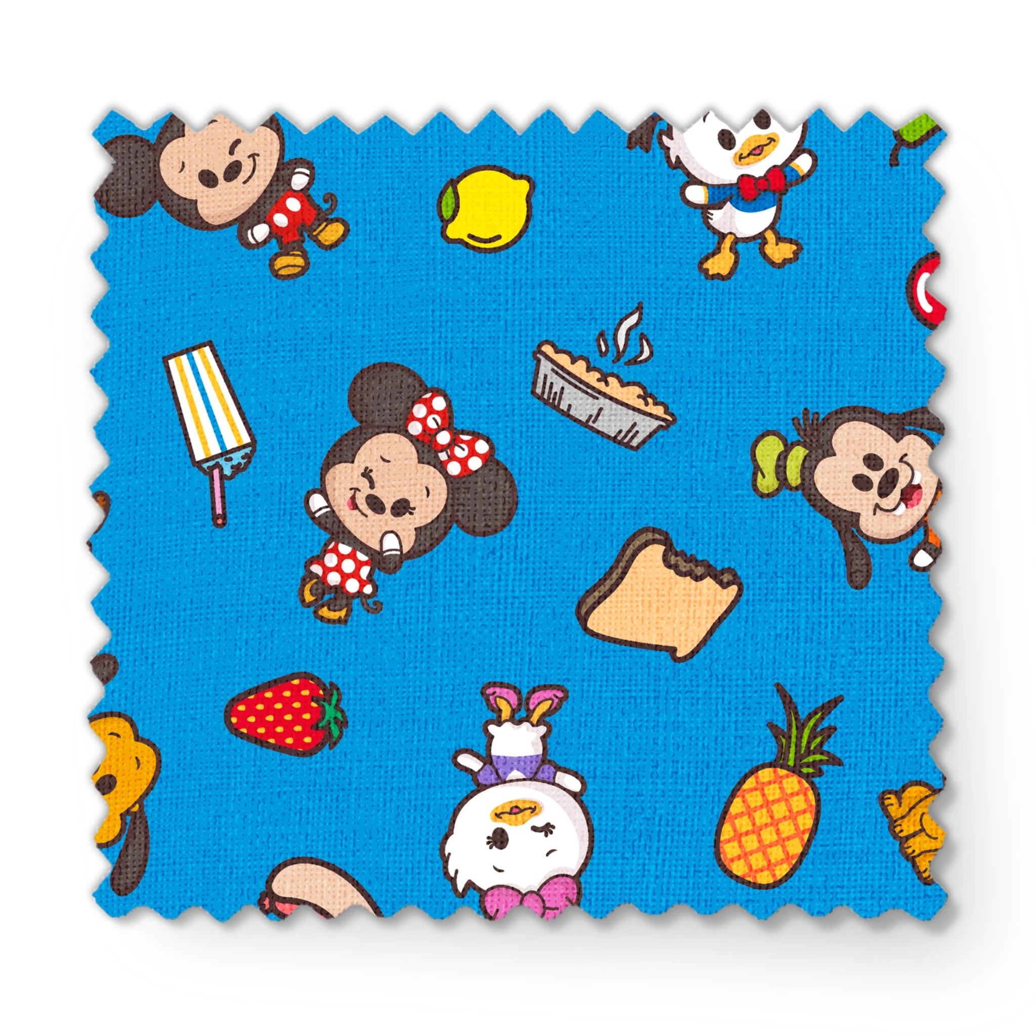 Mickey, friends, and food items pattern on blue background, featuring Mickey, Minnie, Donald, and fruit icons fabric swatch mockup