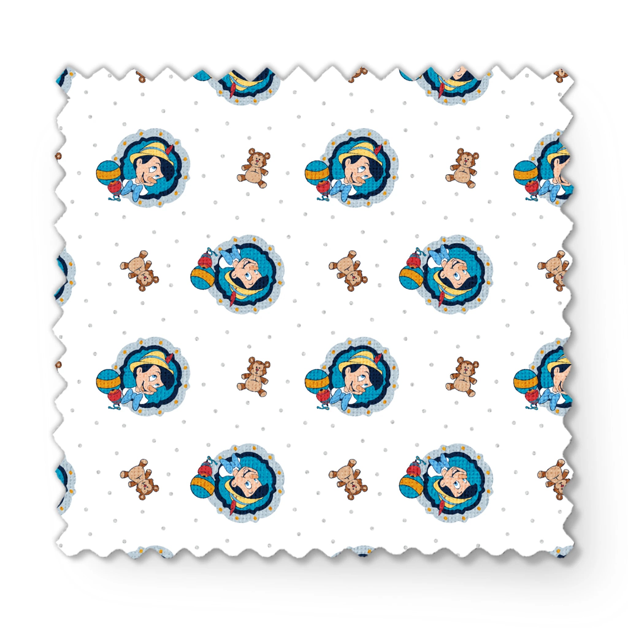 Repeating pattern of cartoon character in blue circle with teddy bears and colorful balls on light dotted background fabric swatch mockup