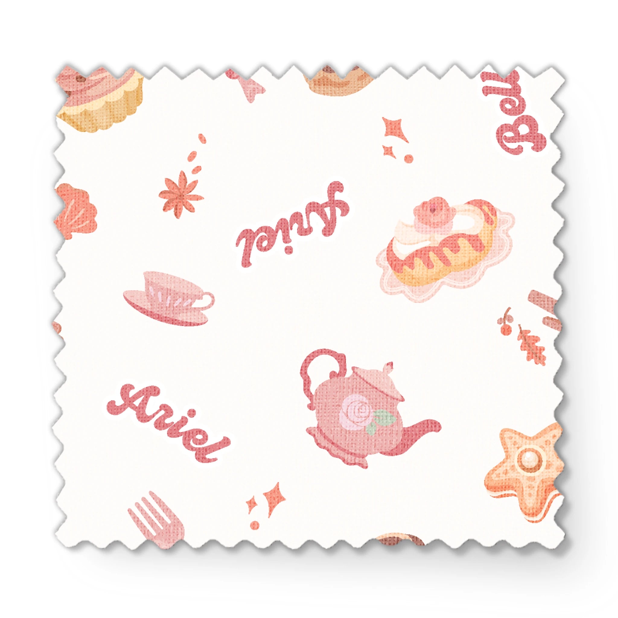 Disney Princess bakery pattern with desserts, teapot, teacup, and text on cream background fabric swatch mockup