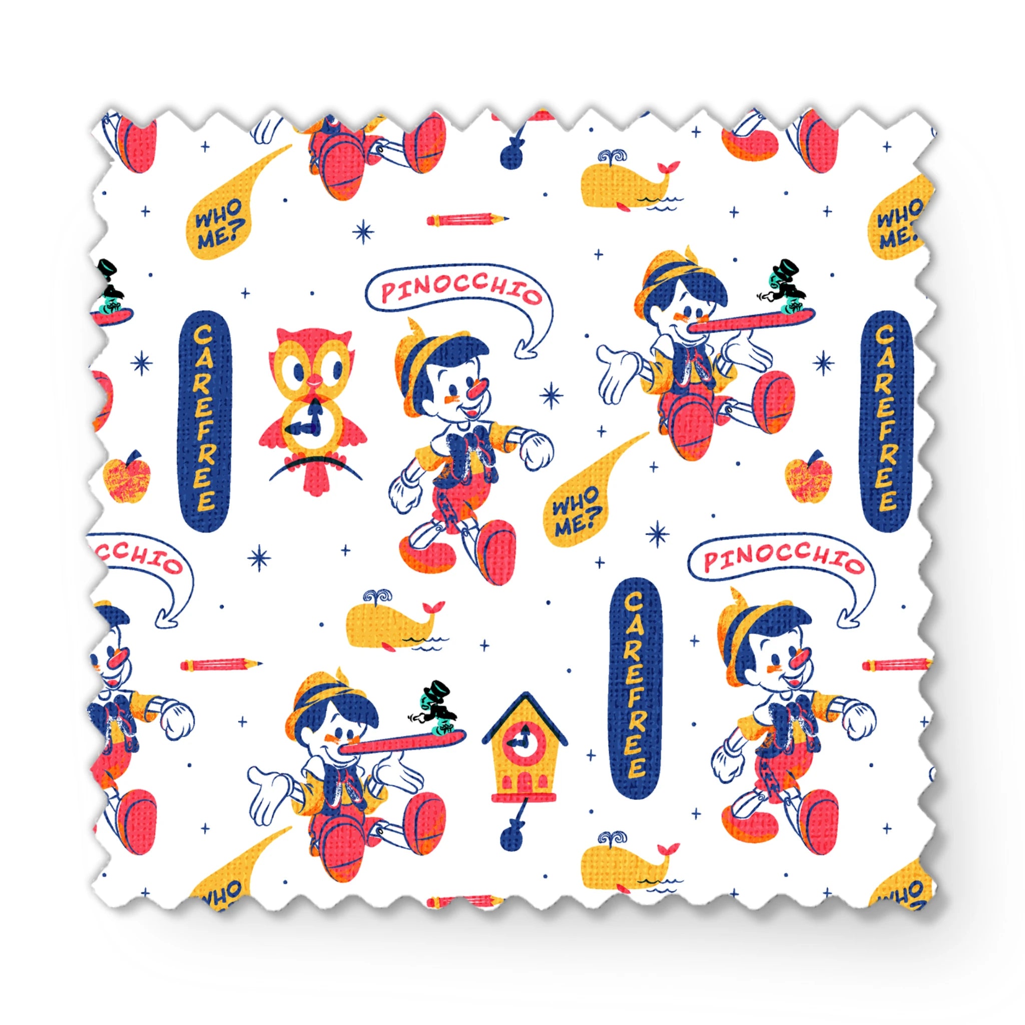 Colorful cartoon pattern featuring Pinocchio characters, whales, and text elements on white background fabric swatch mockup