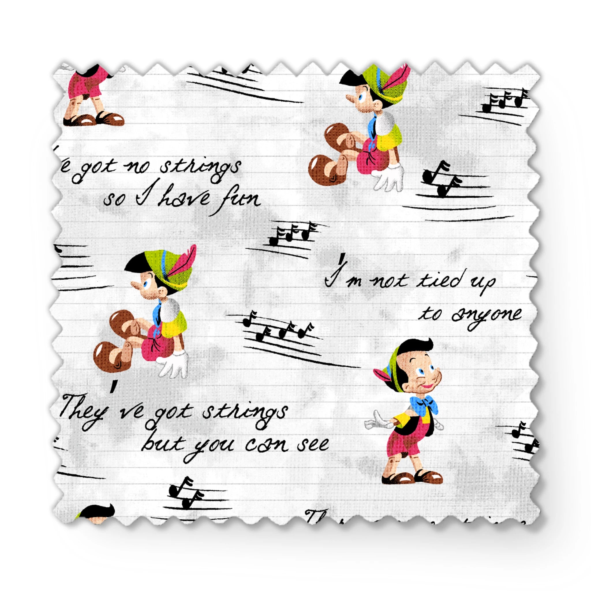 Cartoon characters on a light gray background with musical notes and phrases about strings fabric swatch mockup