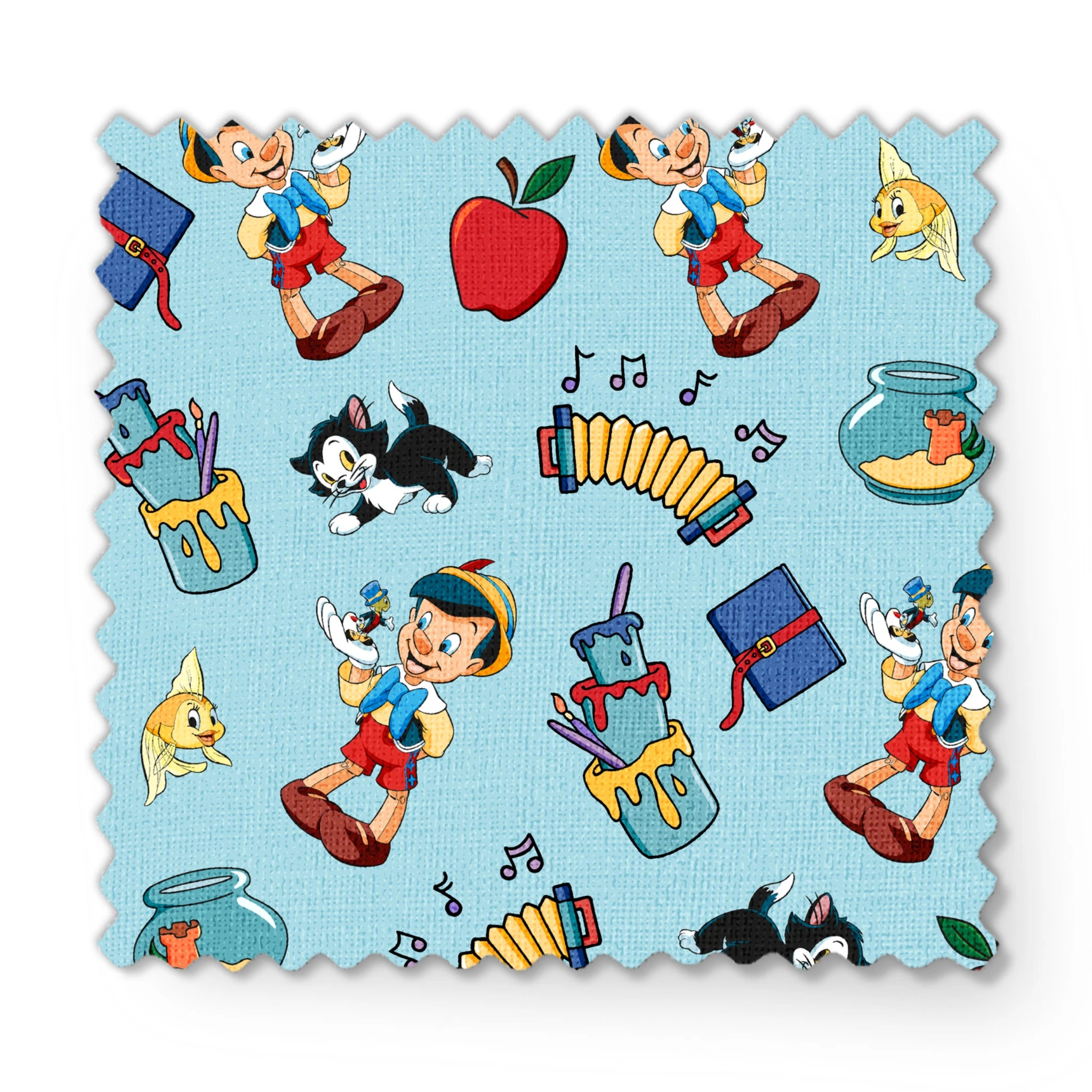 Cartoon pattern with wooden puppets, red apples, musical notes, goldfish bowls, cats, and books on light blue background fabric swatch mockup