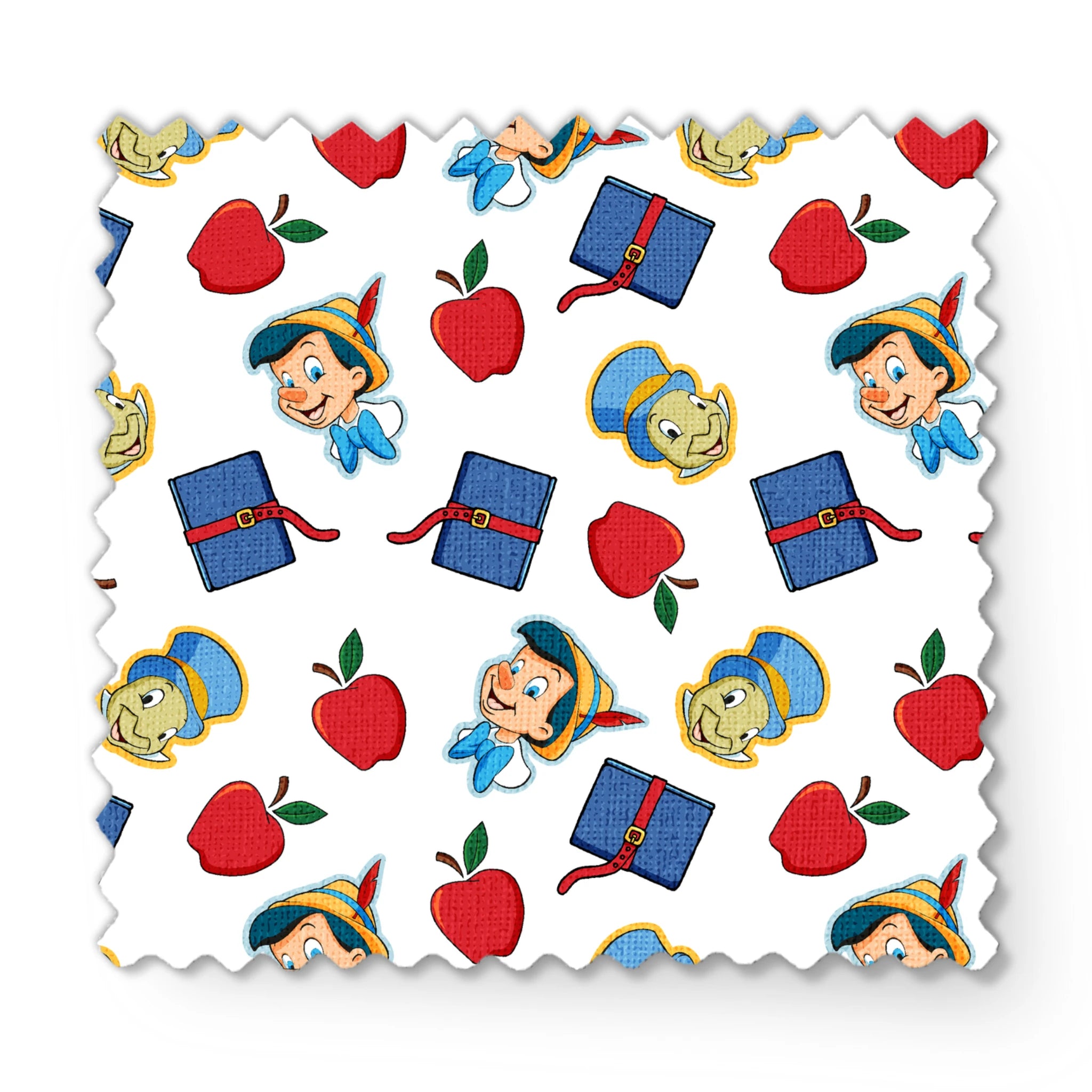 Pattern with cartoon character in pointed hat with blue bow, red apples, blue books with red straps, and yellow circular elements on white background fabric swatch mockup