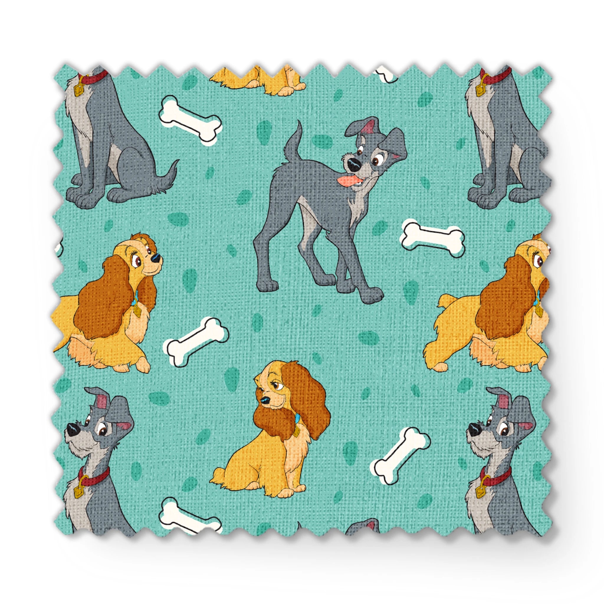 Cartoon pattern of gray dogs and golden cocker spaniels with white bones on turquoise background fabric swatch mockup