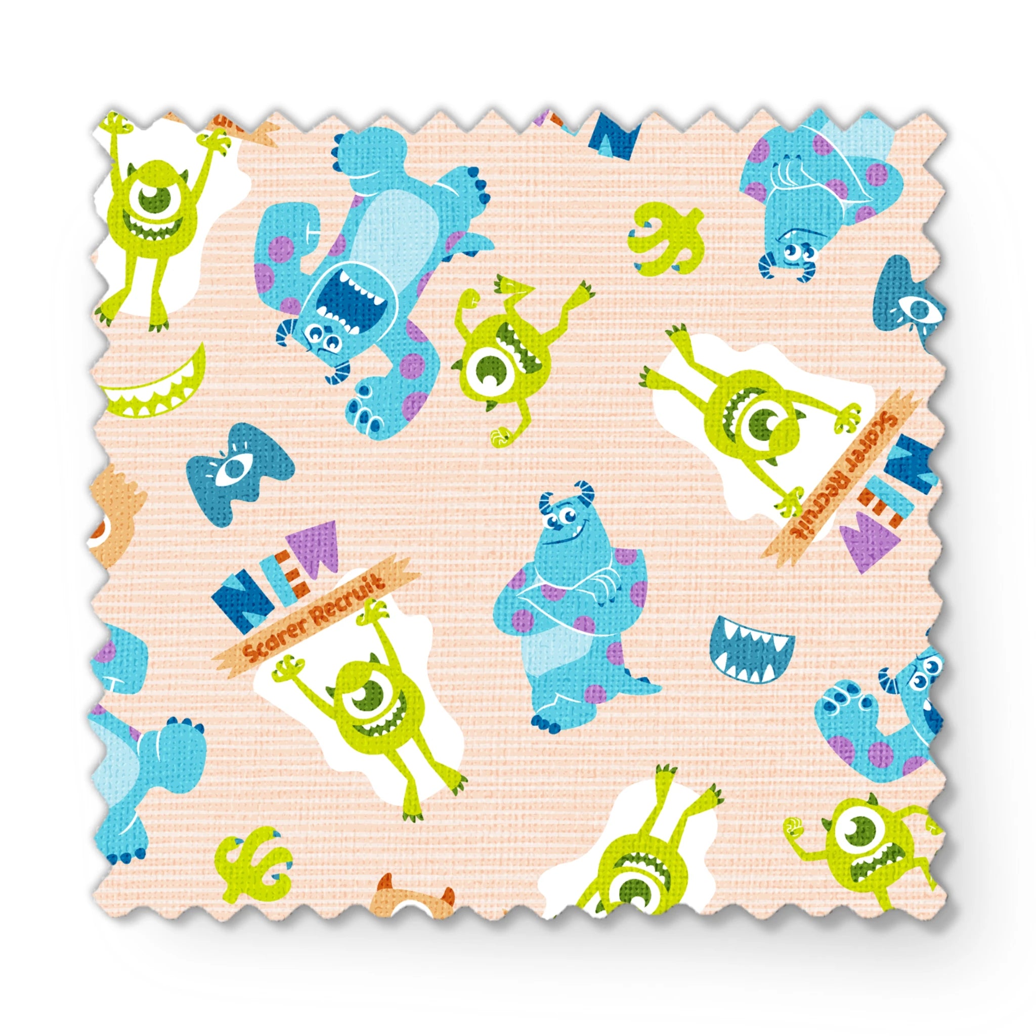 Colorful Monsters Inc pattern with Mike and Sully characters on peach background with scattered letters fabric swatch mockup