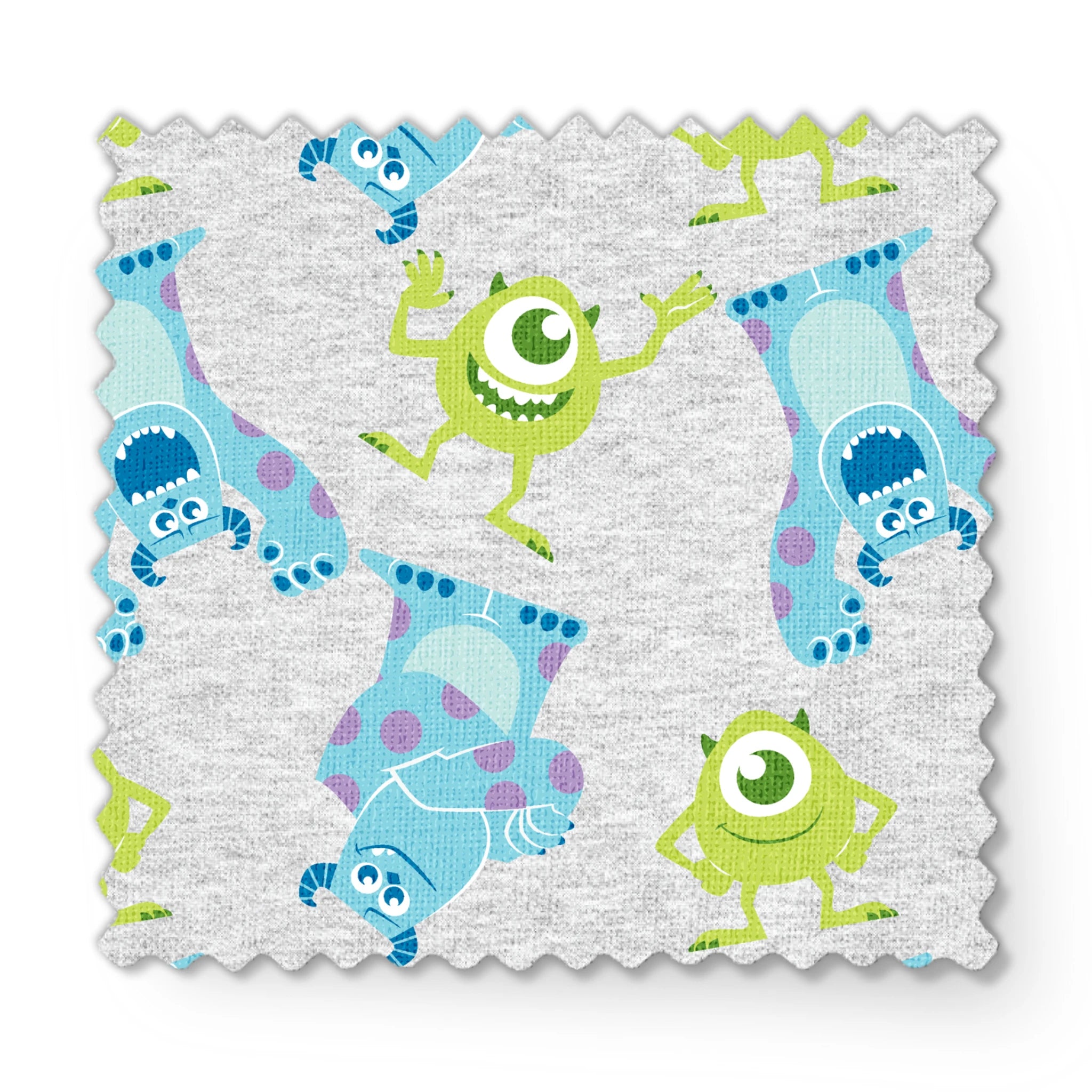 Cartoon pattern of Monsters Inc characters on light gray background fabric swatch mockup