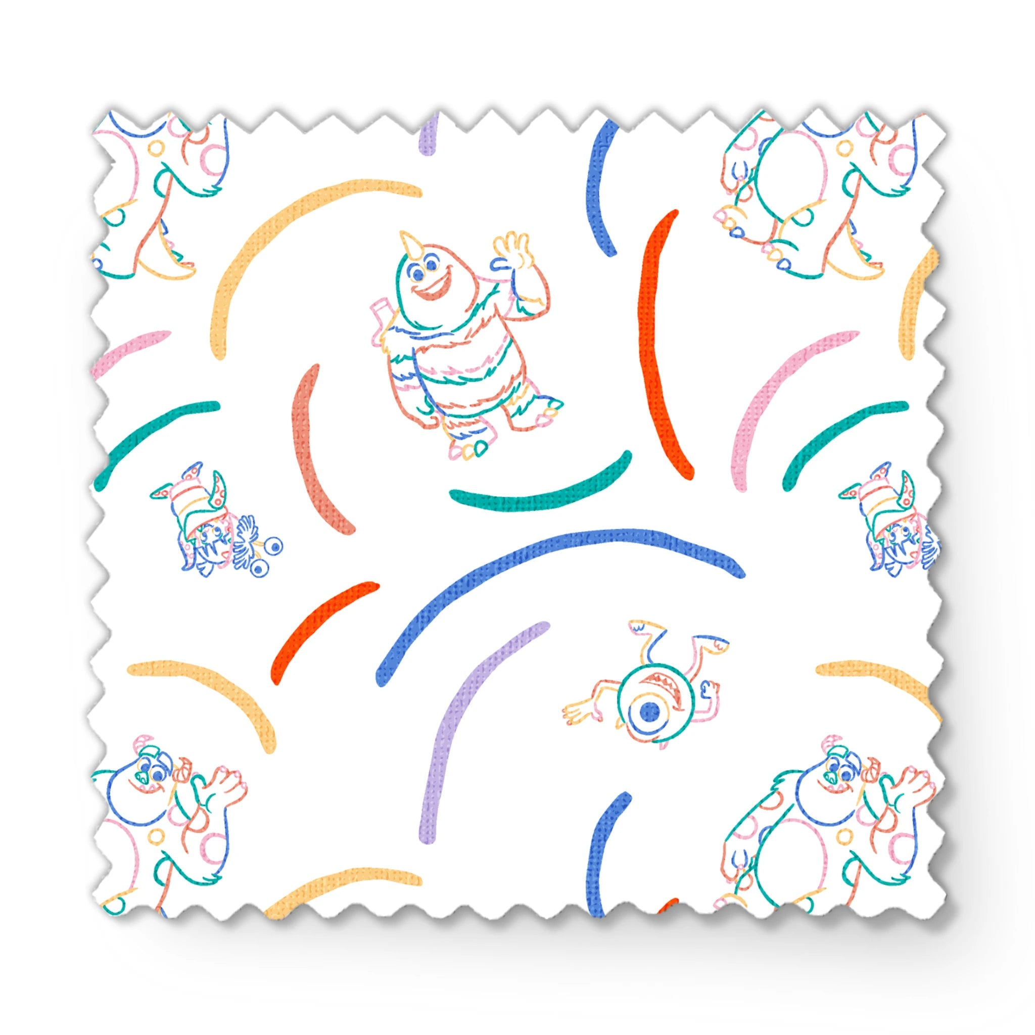 Colorful line drawing pattern with Monsters Inc characters surrounded by curved arcs in rainbow colors fabric swatch mockup