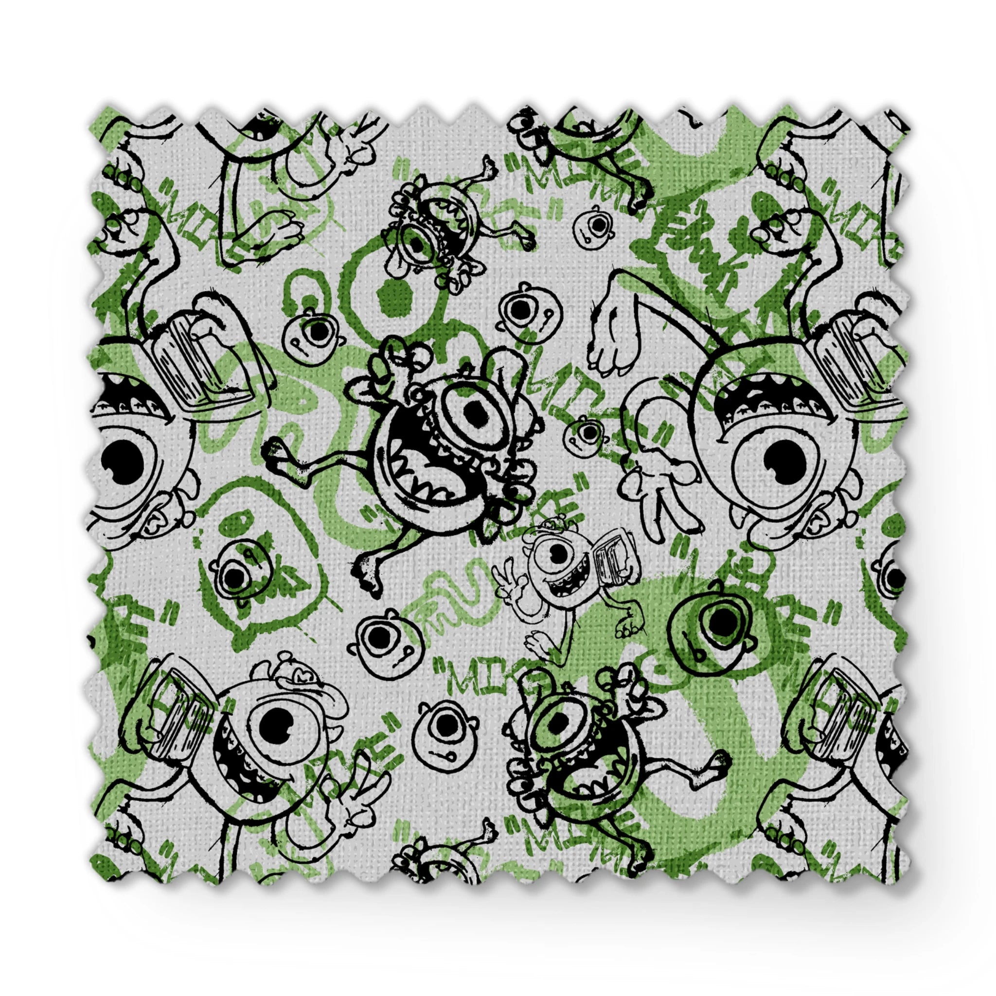 Cartoon monsters doodle pattern in black and green on white background with large eyes and silly expressions fabric swatch mockup