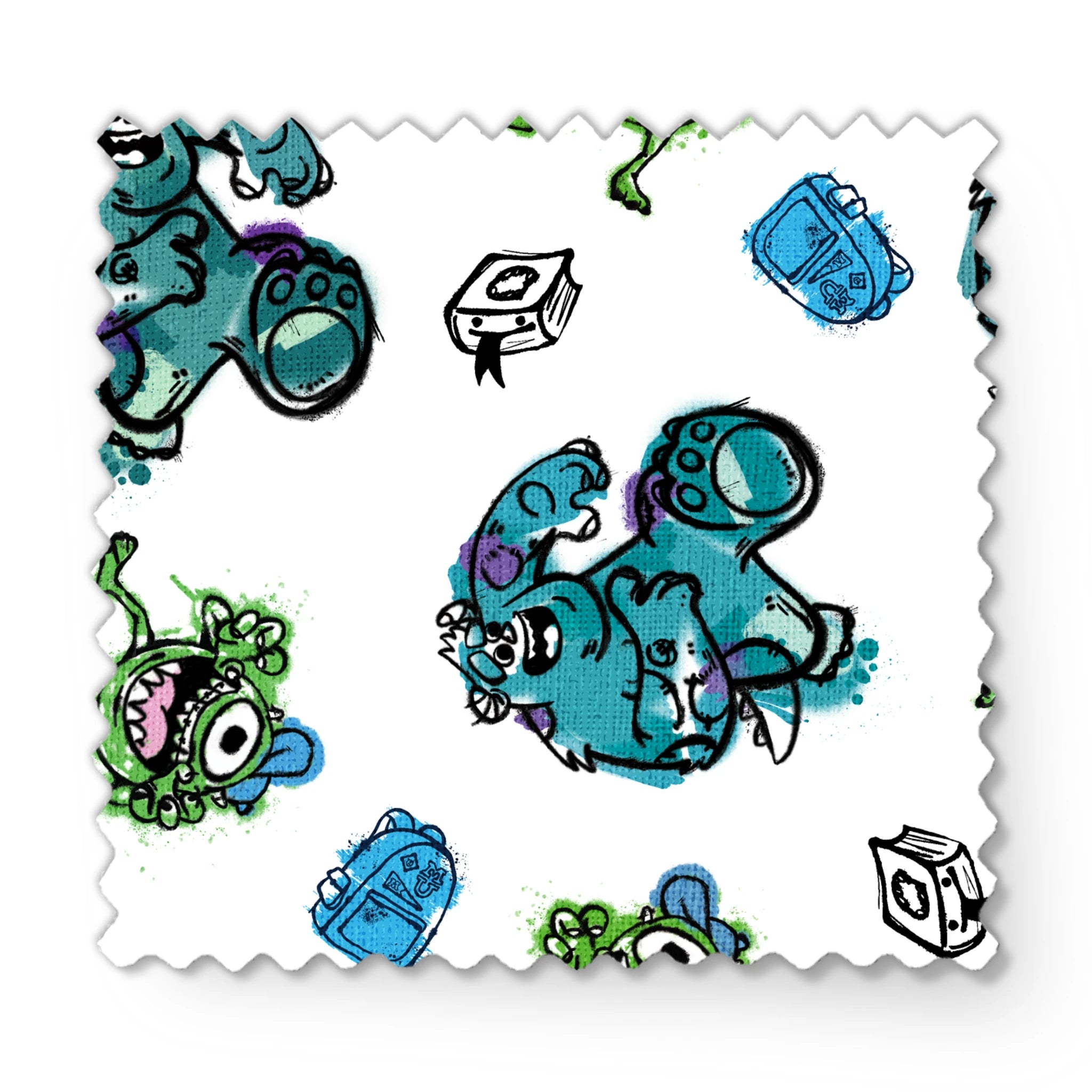 Colorful Monsters Inc pattern with turquoise, green creatures and small boxes on white background fabric swatch mockup