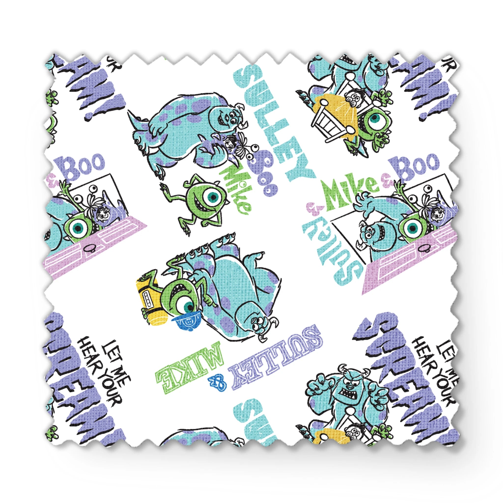 Monsters Inc pattern with Sulley and Mike characters in blue and green, with text like "Boo" and "Monsters" scattered throughout. fabric swatch mockup