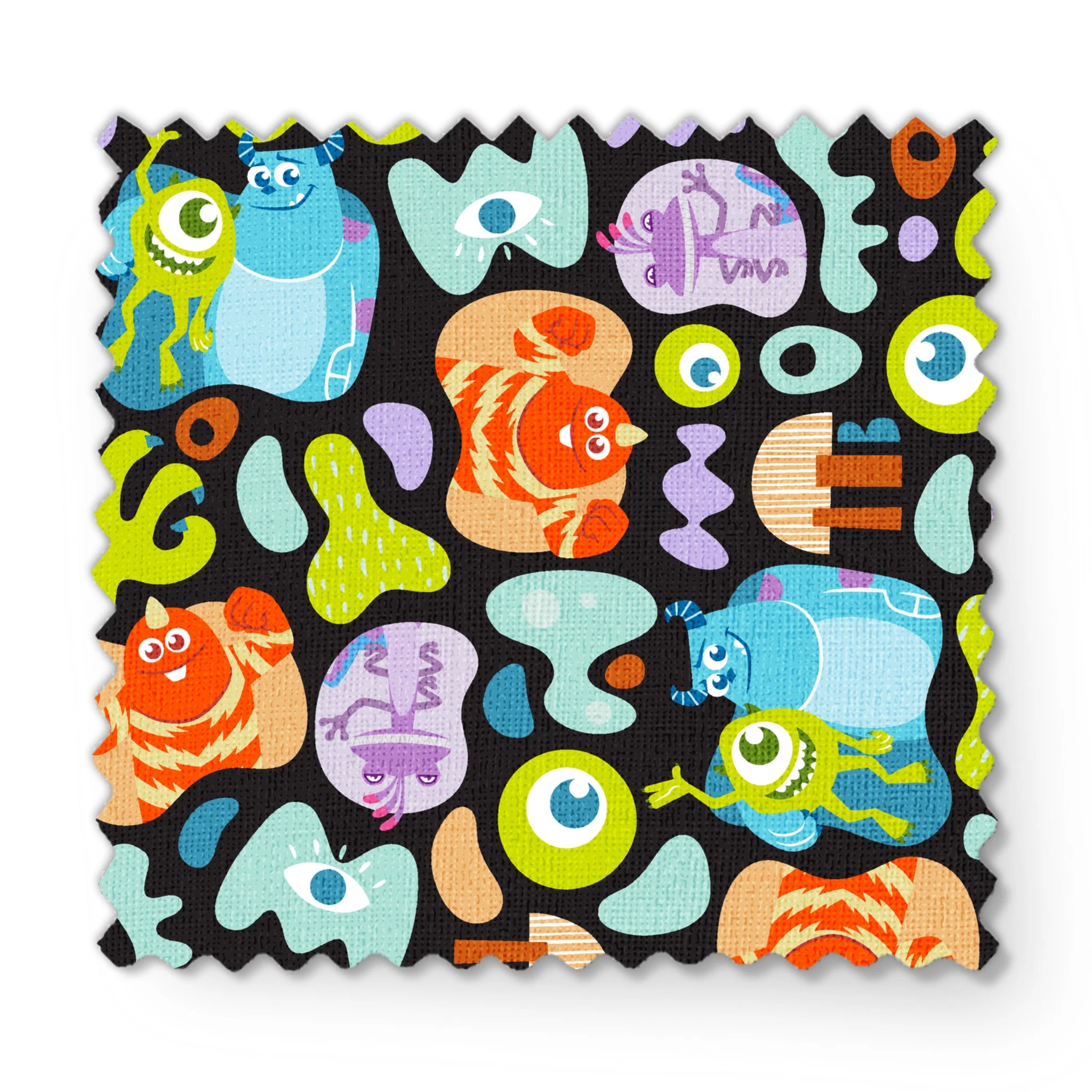 Colorful Monsters Inc pattern with Mike, Sulley and other characters on black background fabric swatch mockup