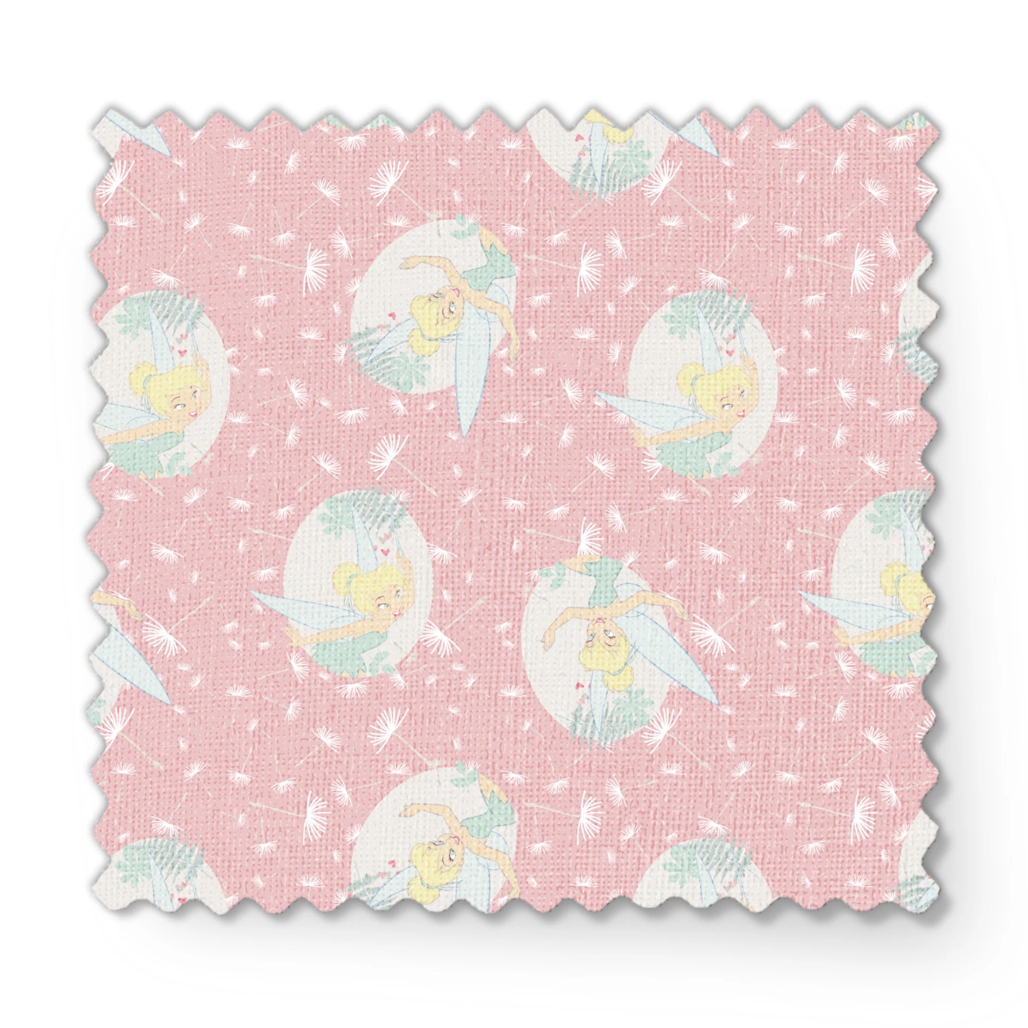 Pink background with dandelion seed pattern featuring Tinker Bell in mint green circles, whimsical Disney design fabric swatch mockup