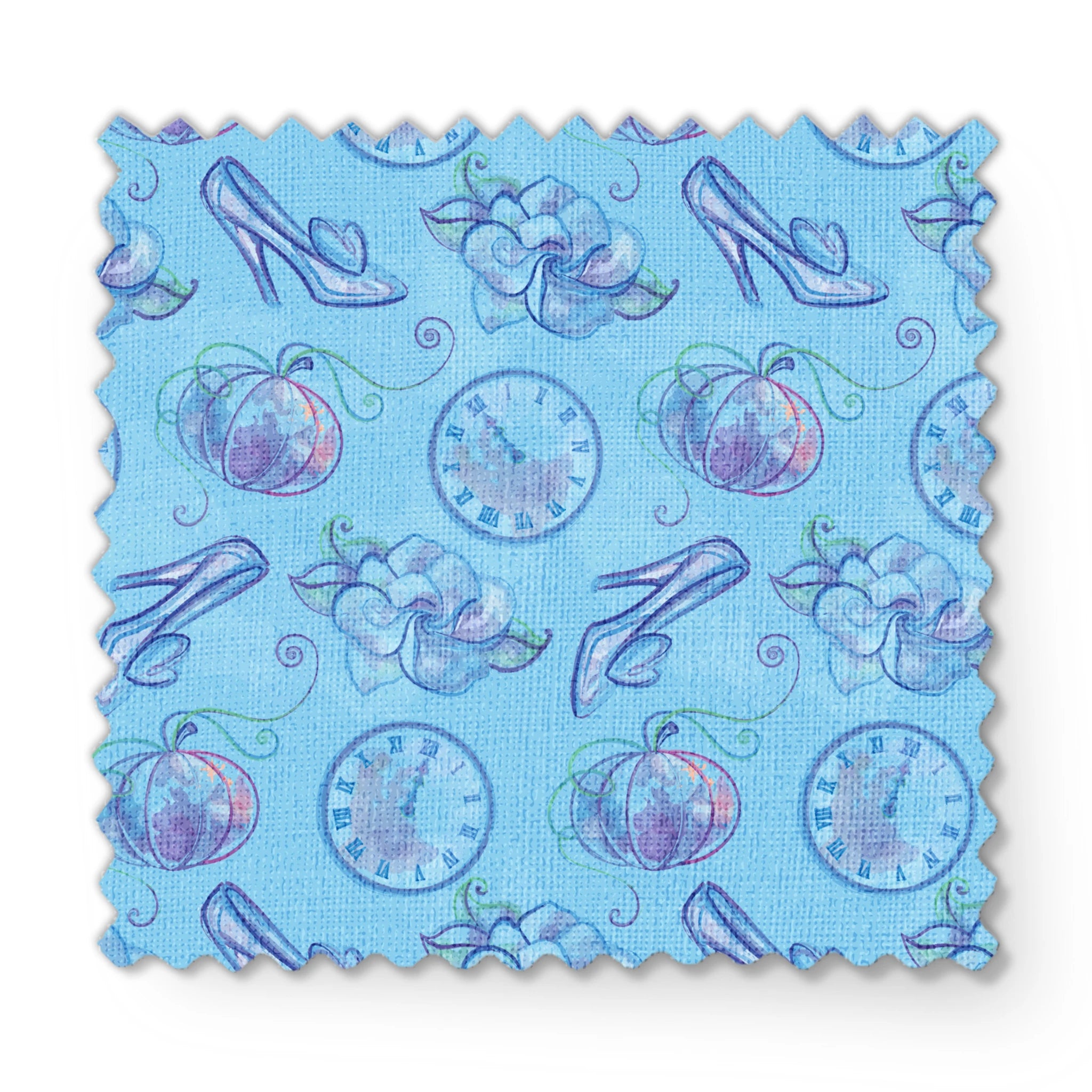 Whimsical Cinderella-themed pattern with glass slippers, pumpkins, clocks, and ribbons in soft blue and purple tones fabric swatch mockup