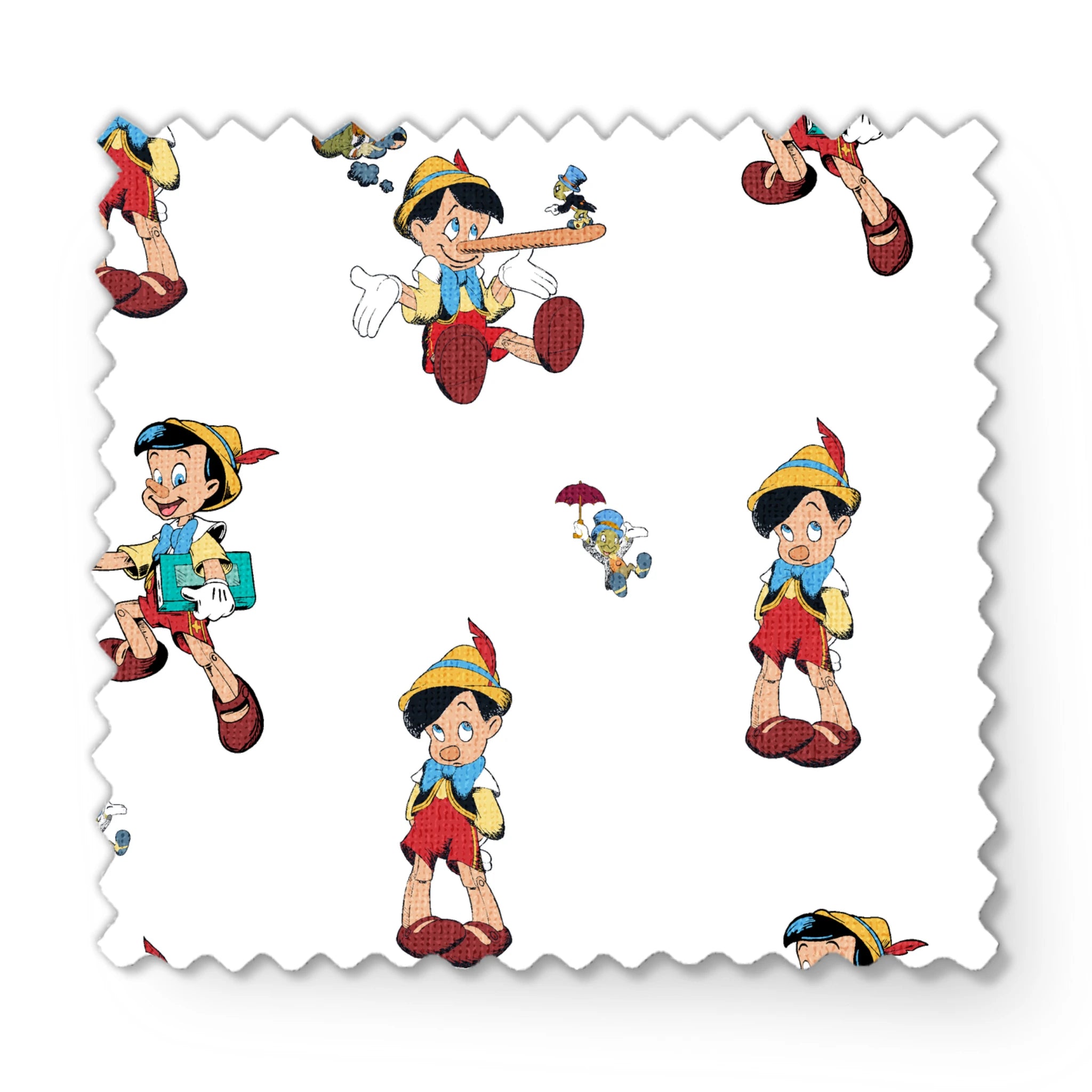 Repeating pattern of cartoon wooden puppet character with pointed hat in various poses fabric swatch mockup