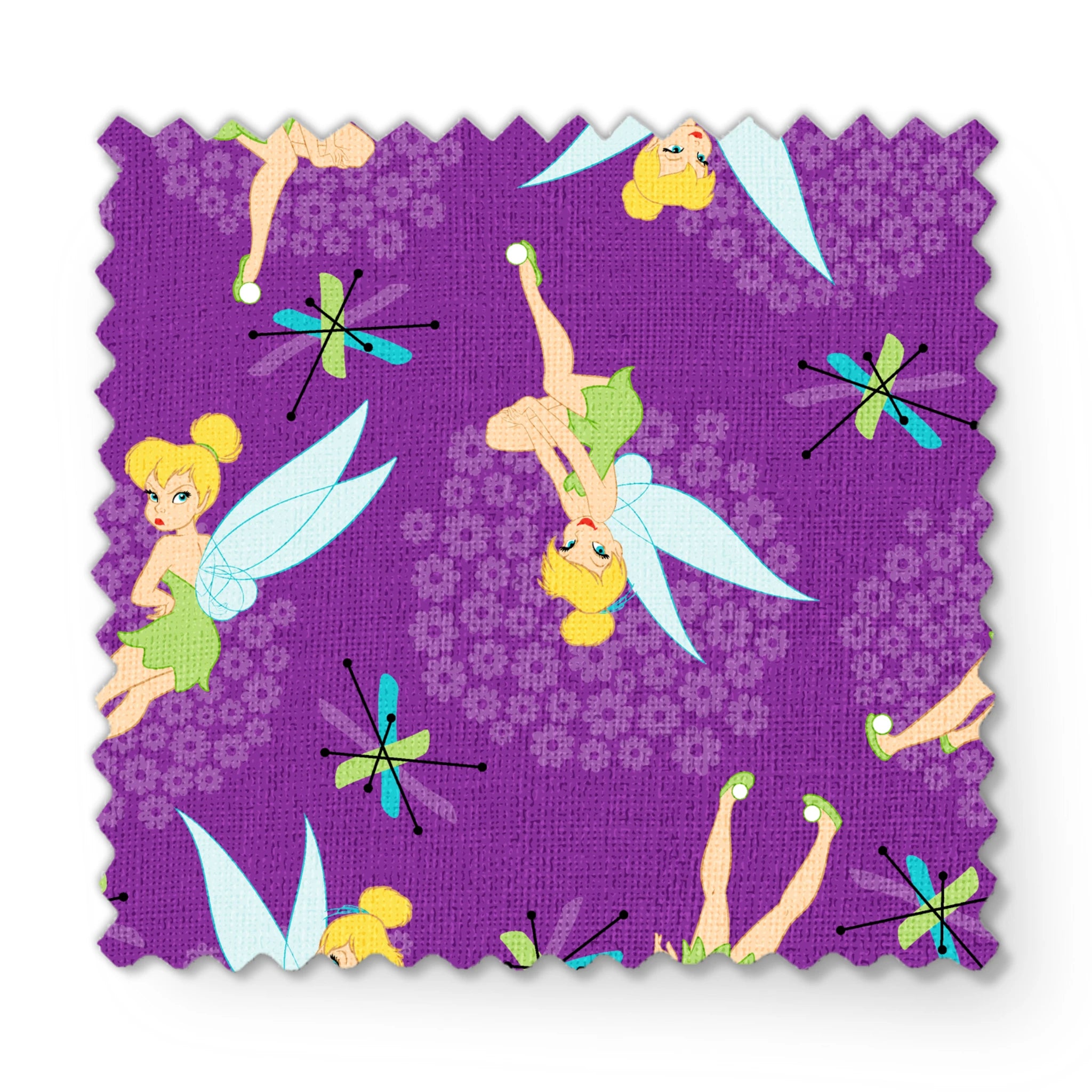 Repeating Tinker Bell pattern in green dresses on purple background fabric swatch mockup
