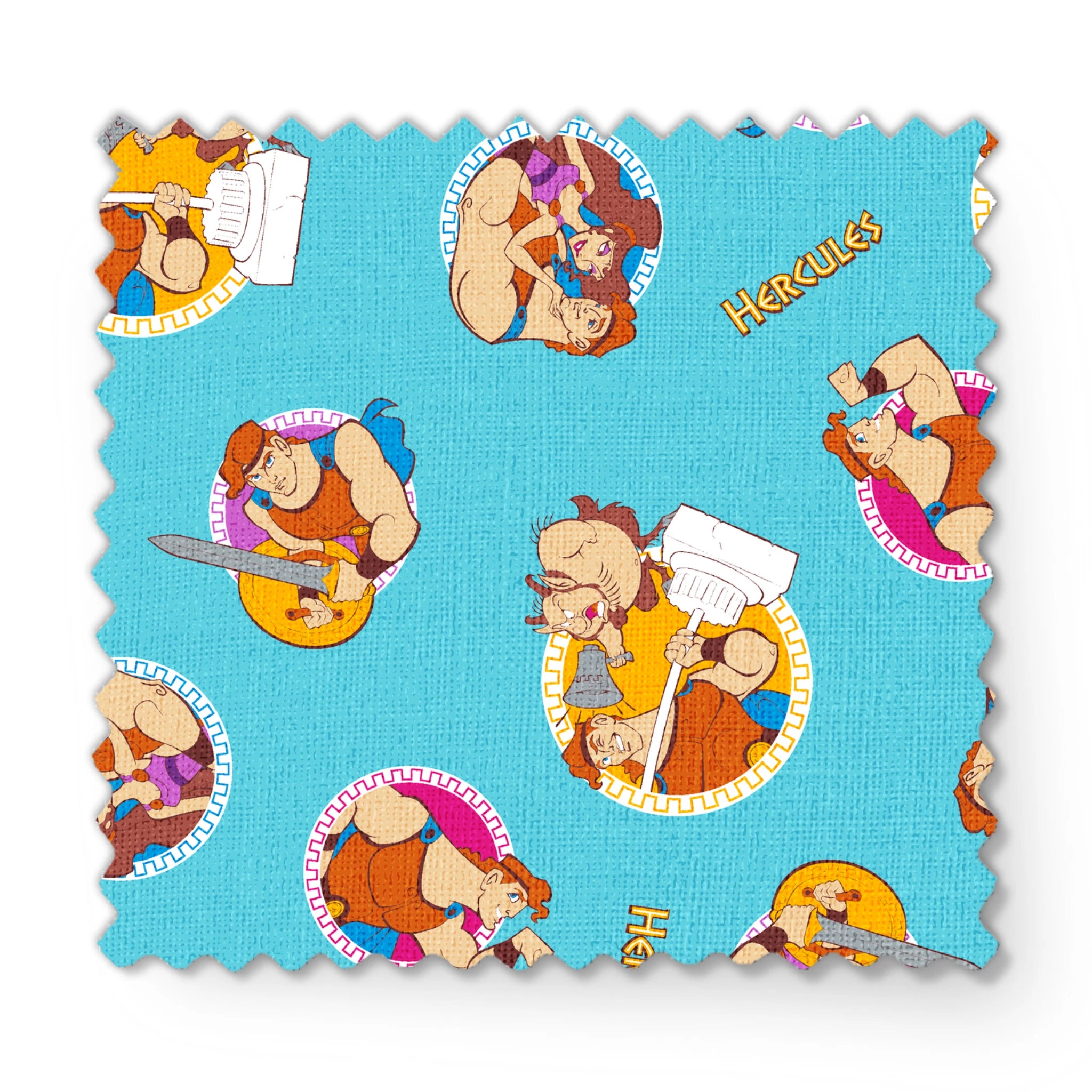 Cartoon characters from Hercules arranged in circular patterns on light blue background fabric swatch mockup