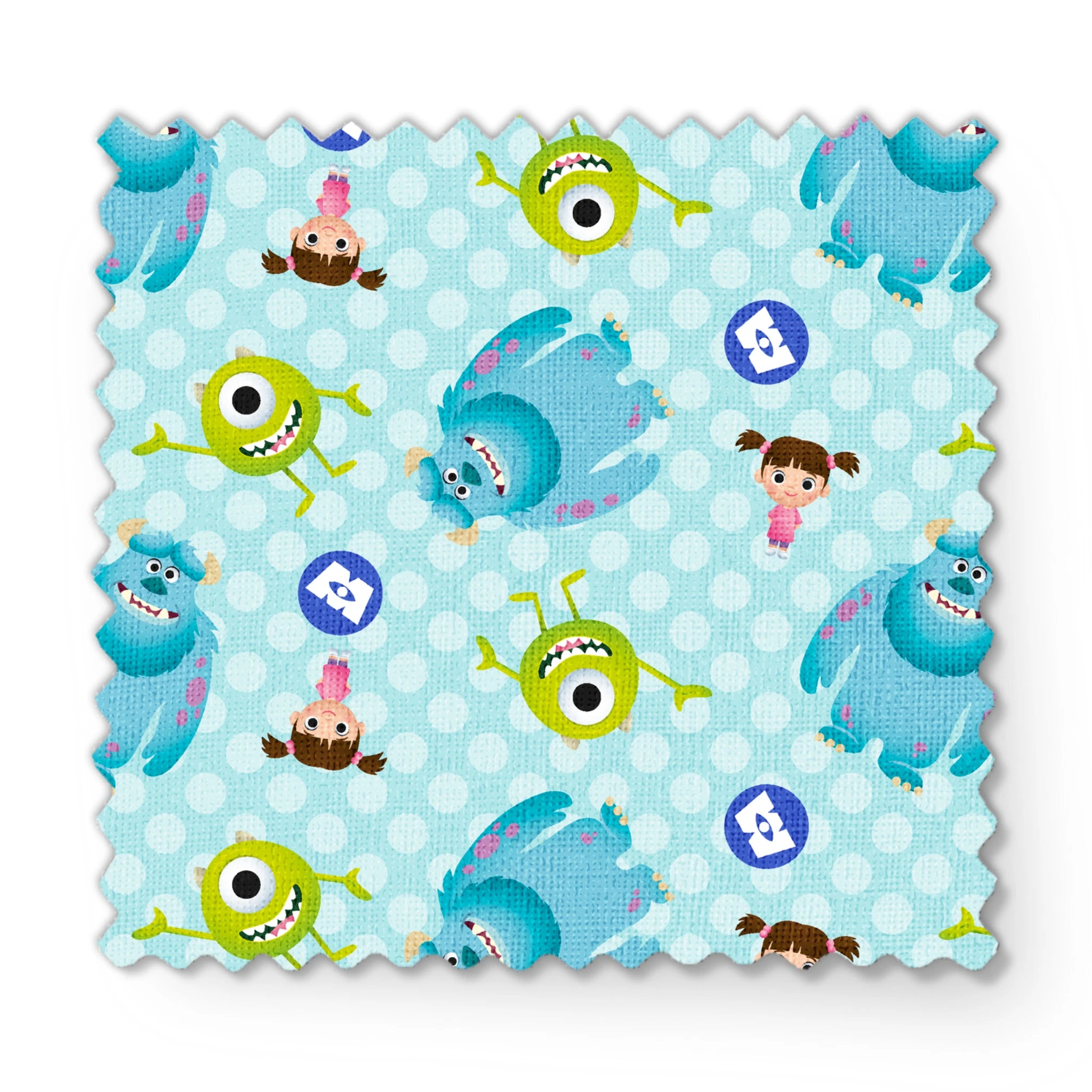 Cartoon Monsters Inc characters on light blue polka dot background fabric swatch mockup