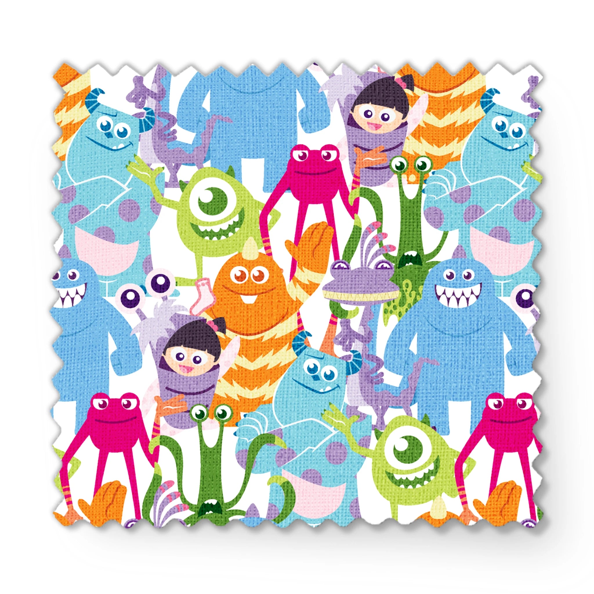 Colorful Monsters Inc pattern with various shapes, sizes and bright colors like blue, pink, orange and green. fabric swatch mockup