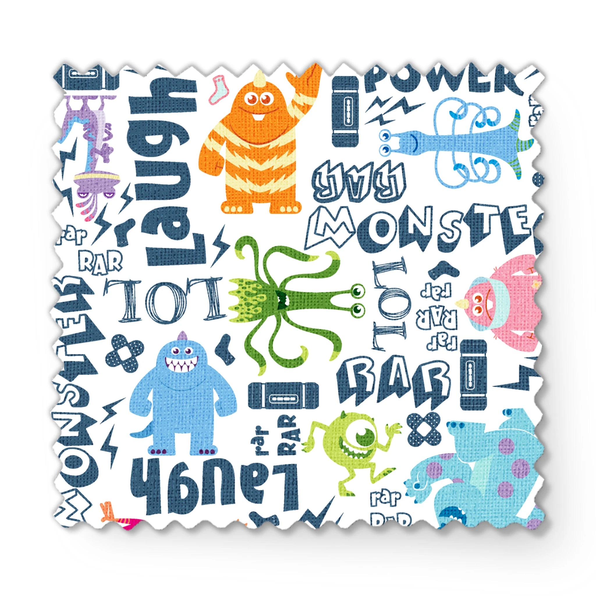 Colorful Monsters Inc doodle pattern with playful characters and text like "Laugh," "Power," and "Monster" in blue and vibrant colors. fabric swatch mockup