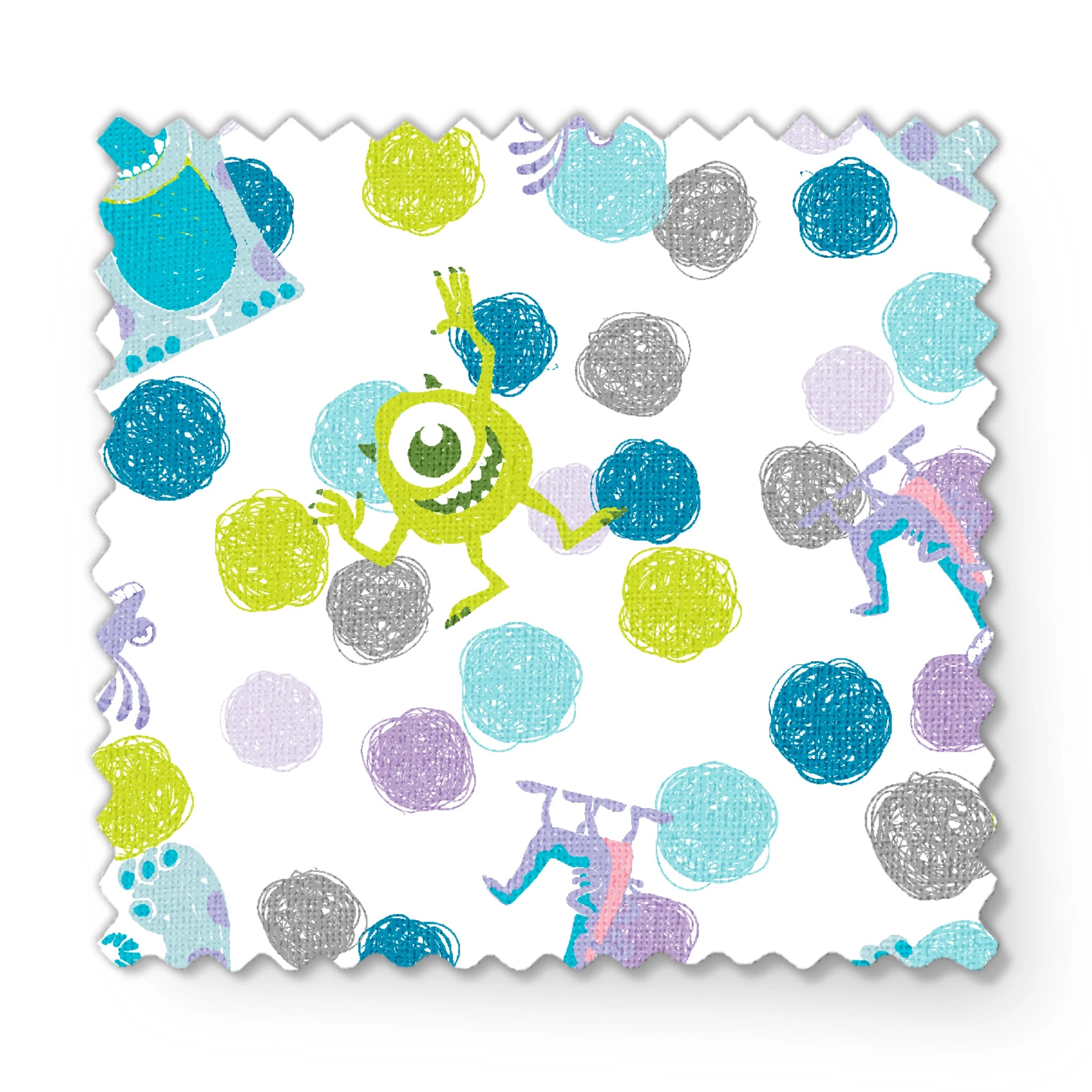 Colorful pattern featuring cartoon monsters with polka dots in blue, green, and purple on white background fabric swatch mockup
