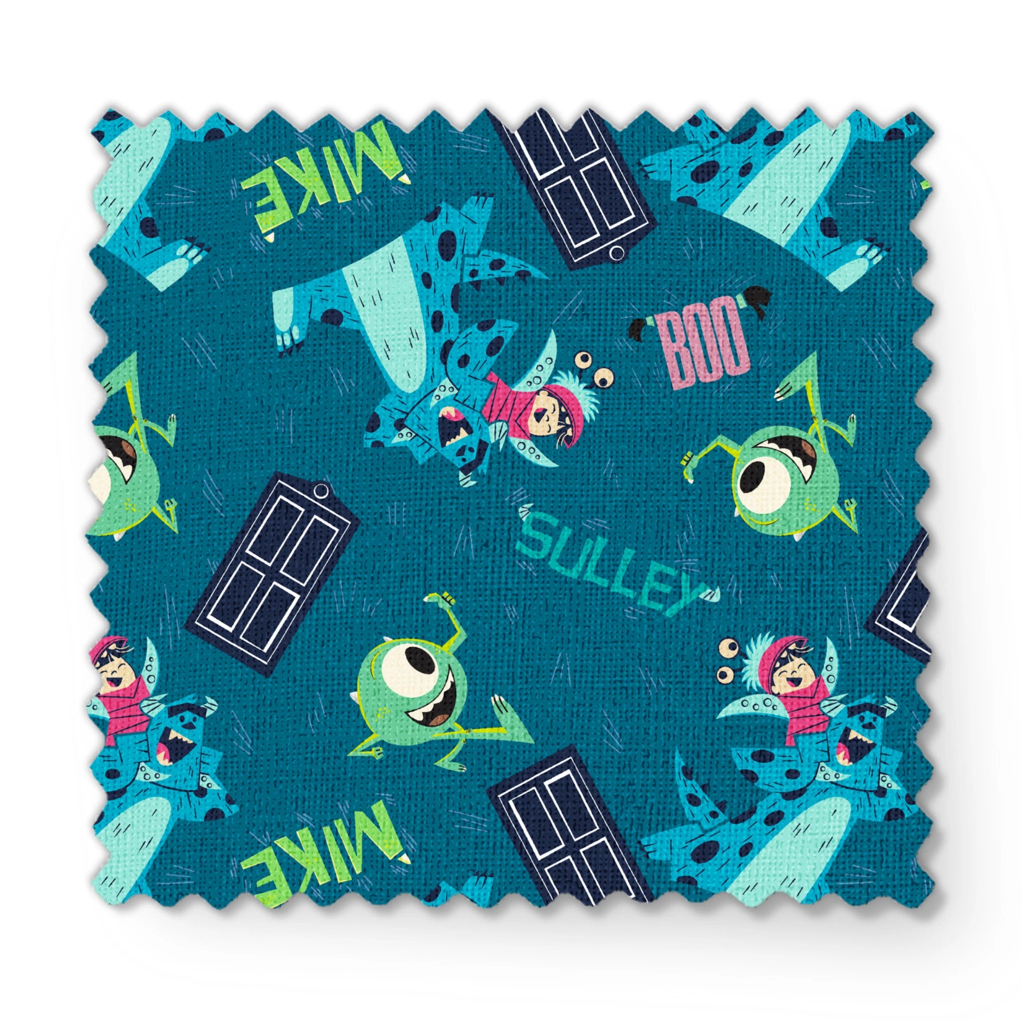 Monsters Inc pattern with Mike, Sulley, Boo characters, and doors on teal background fabric swatch mockup