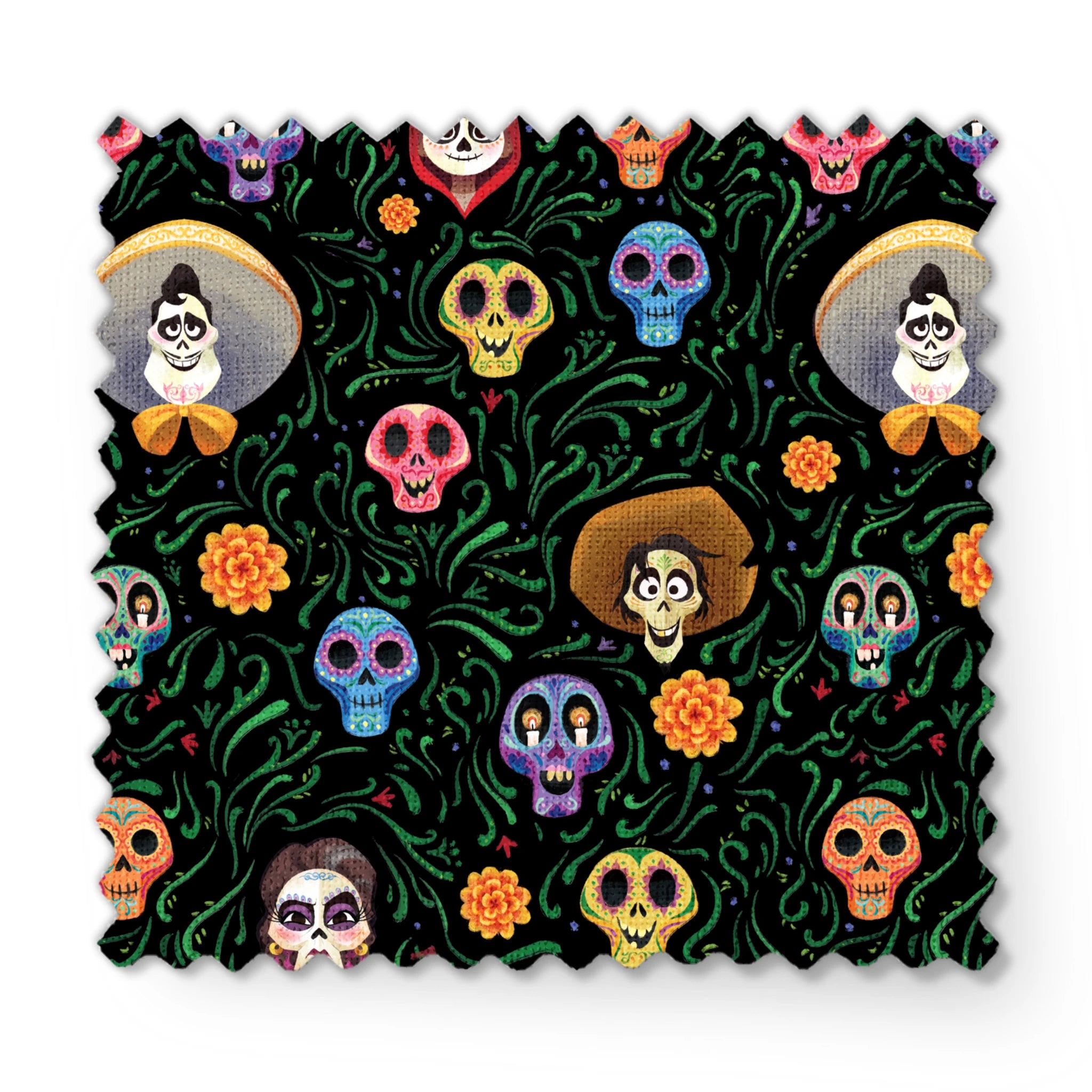 Colorful Coco stylized sugar skulls with sombreros scattered among green vines and orange flowers on black background fabric swatch mockup