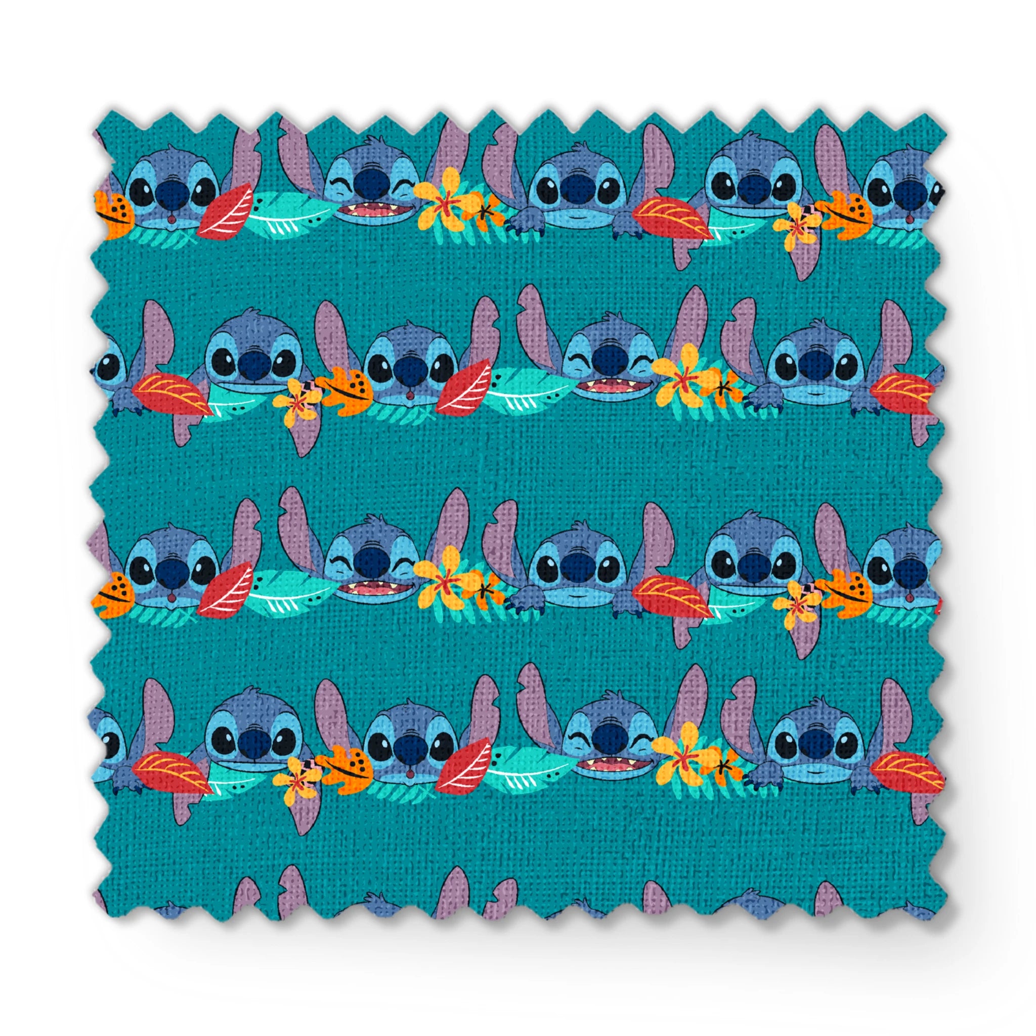 Repeating stripe design with Disney’s Stitch peeking between rows of tropical hibiscus flowers and colorful leaves on a teal background. fabric swatch mockup