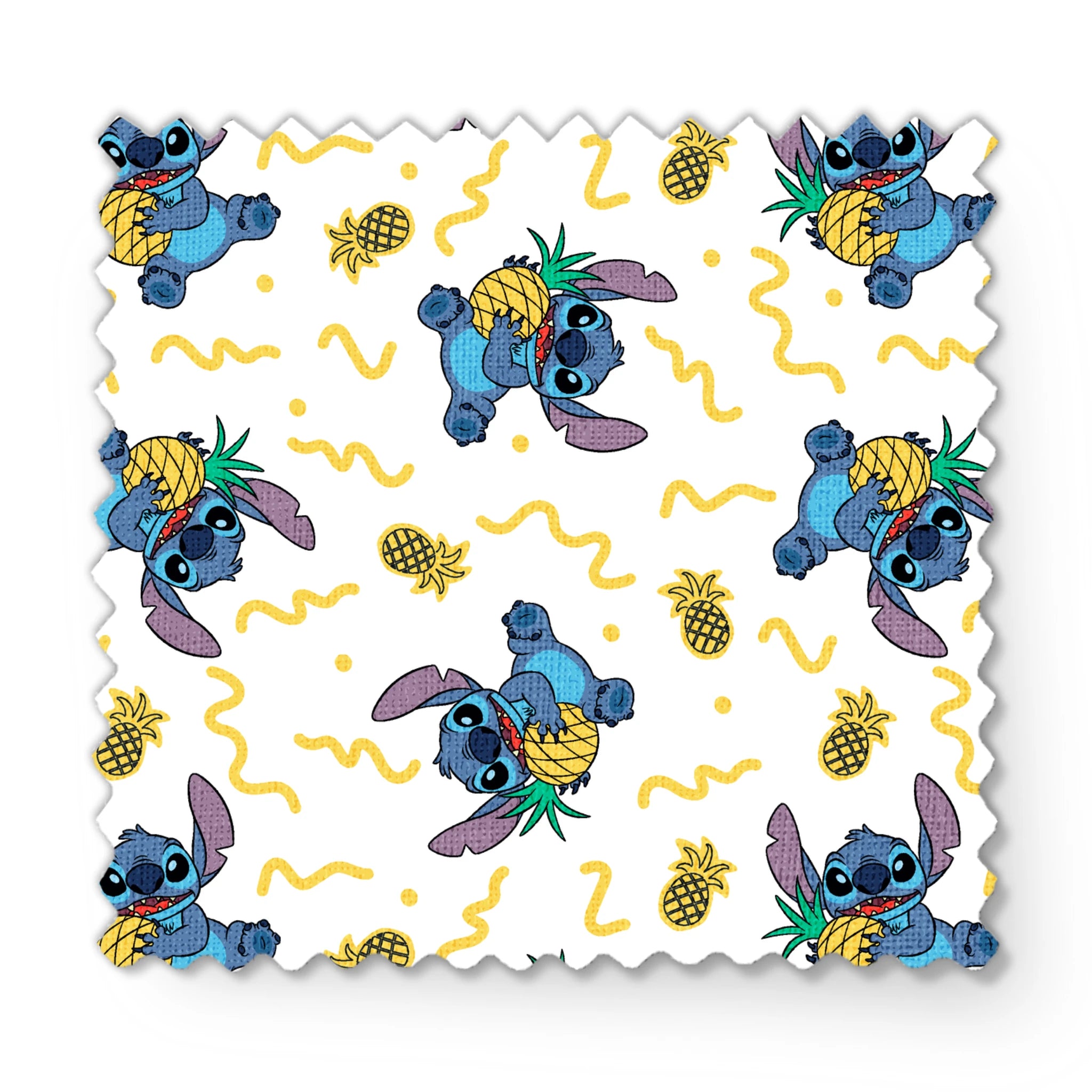 Disney's Stitch holding pineapples with yellow squiggly lines on white background pattern fabric swatch mockup