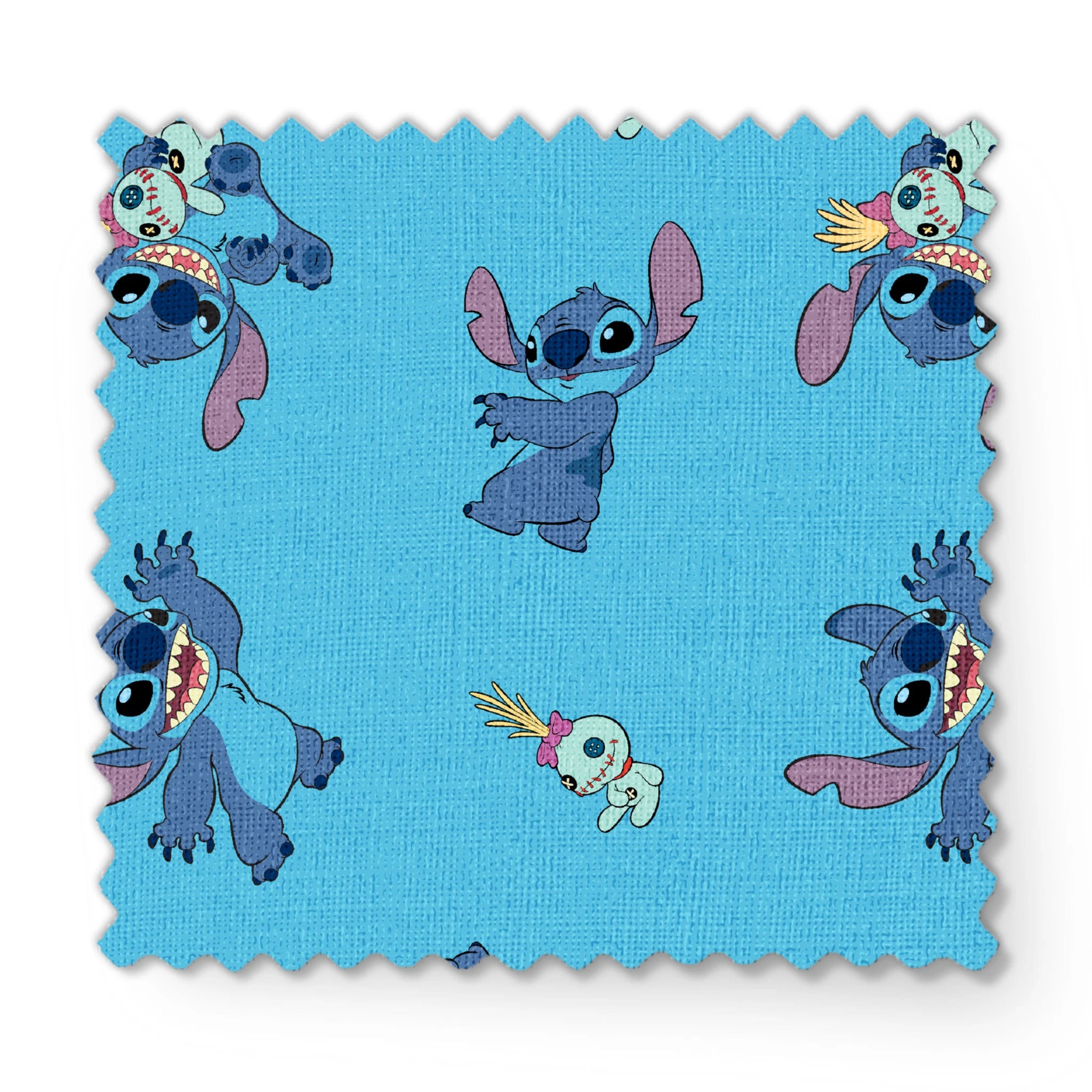 Disney’s Stitch and Scrump in various playful poses scattered across a light blue background with small tropical flowers. fabric swatch mockup