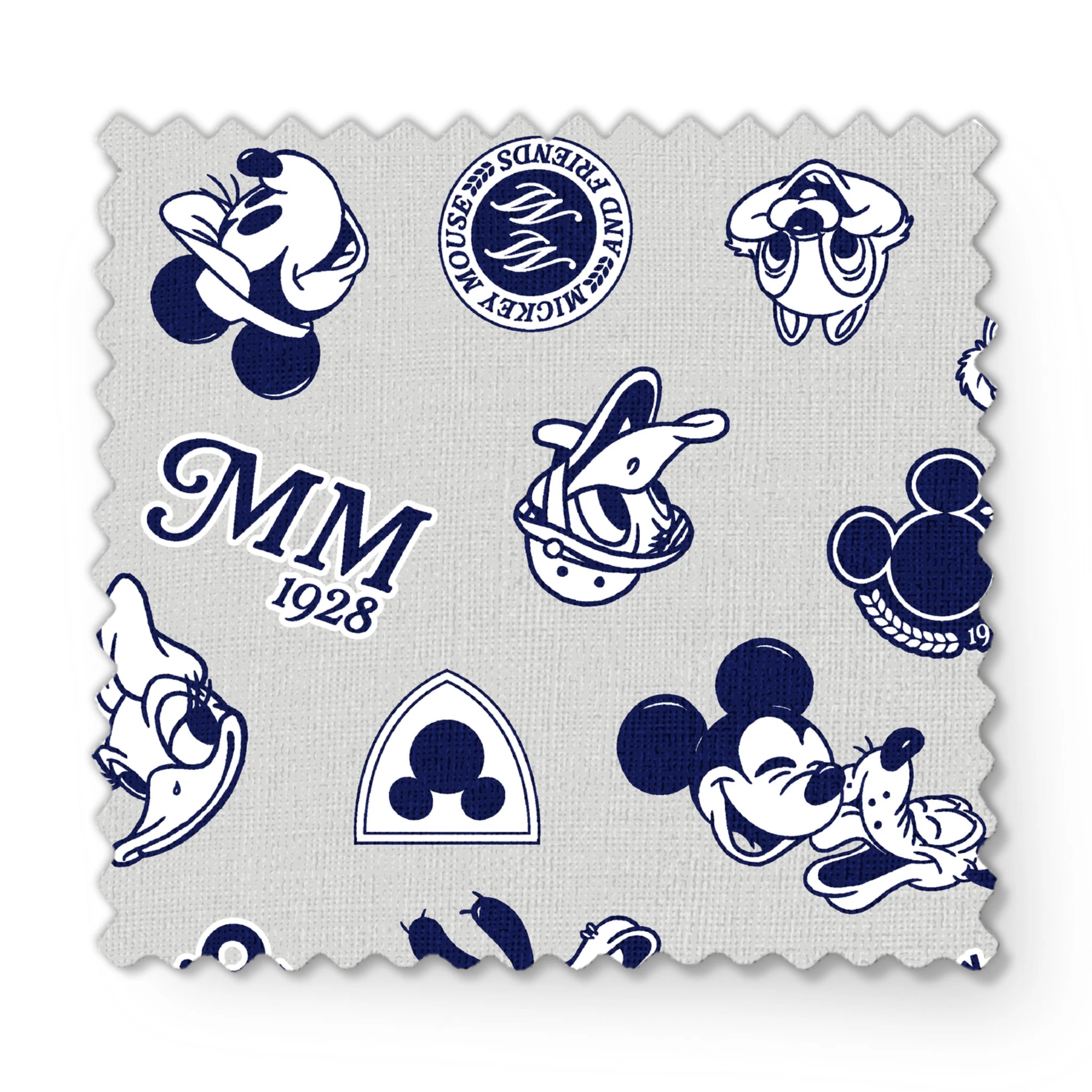 Disney character pattern with Mickey Mouse, Donald Duck and other classic cartoon figures in navy blue on light background. fabric swatch mockup
