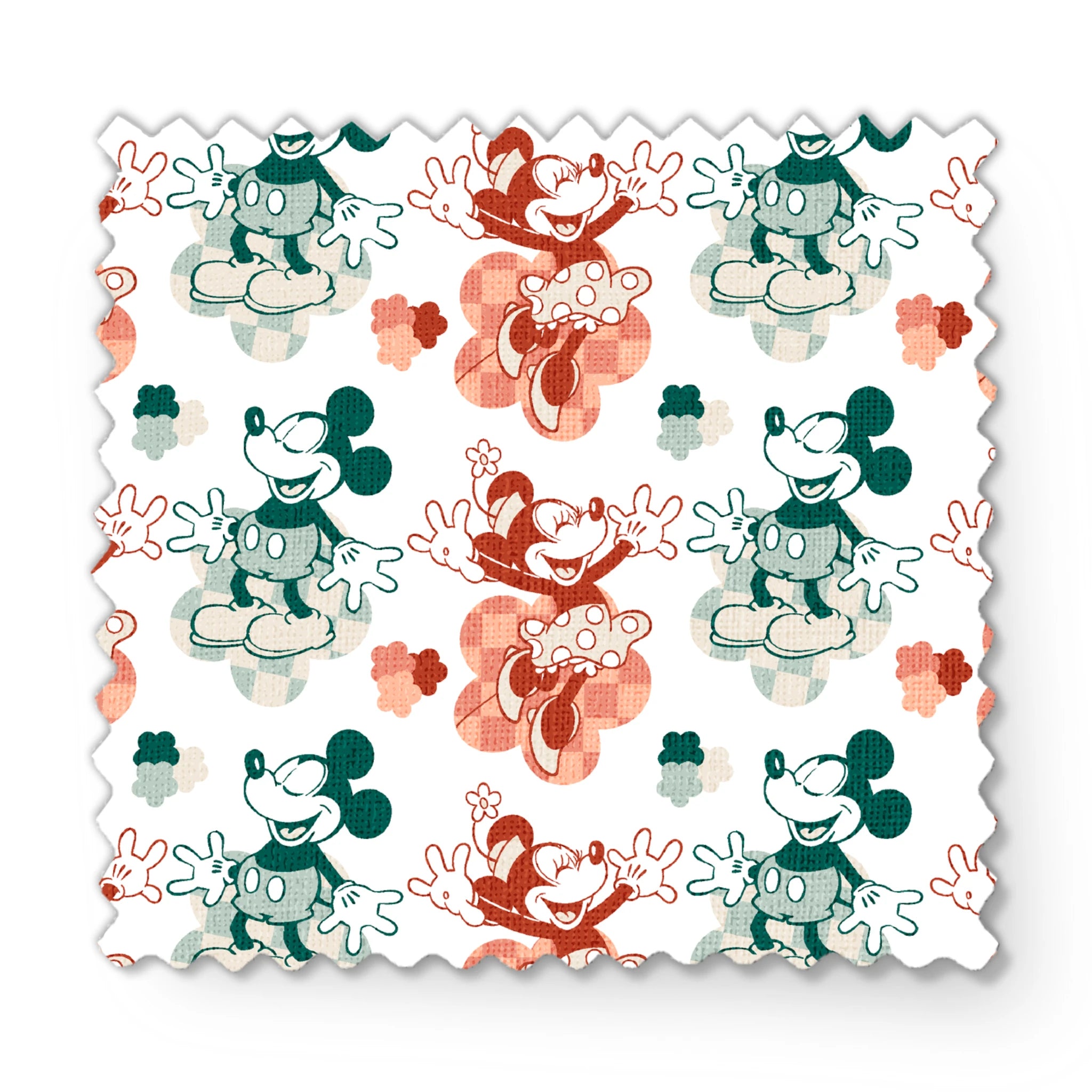 Repeating pattern of vintage-style cartoon characters in green and red-orange tones on white background fabric swatch mockup