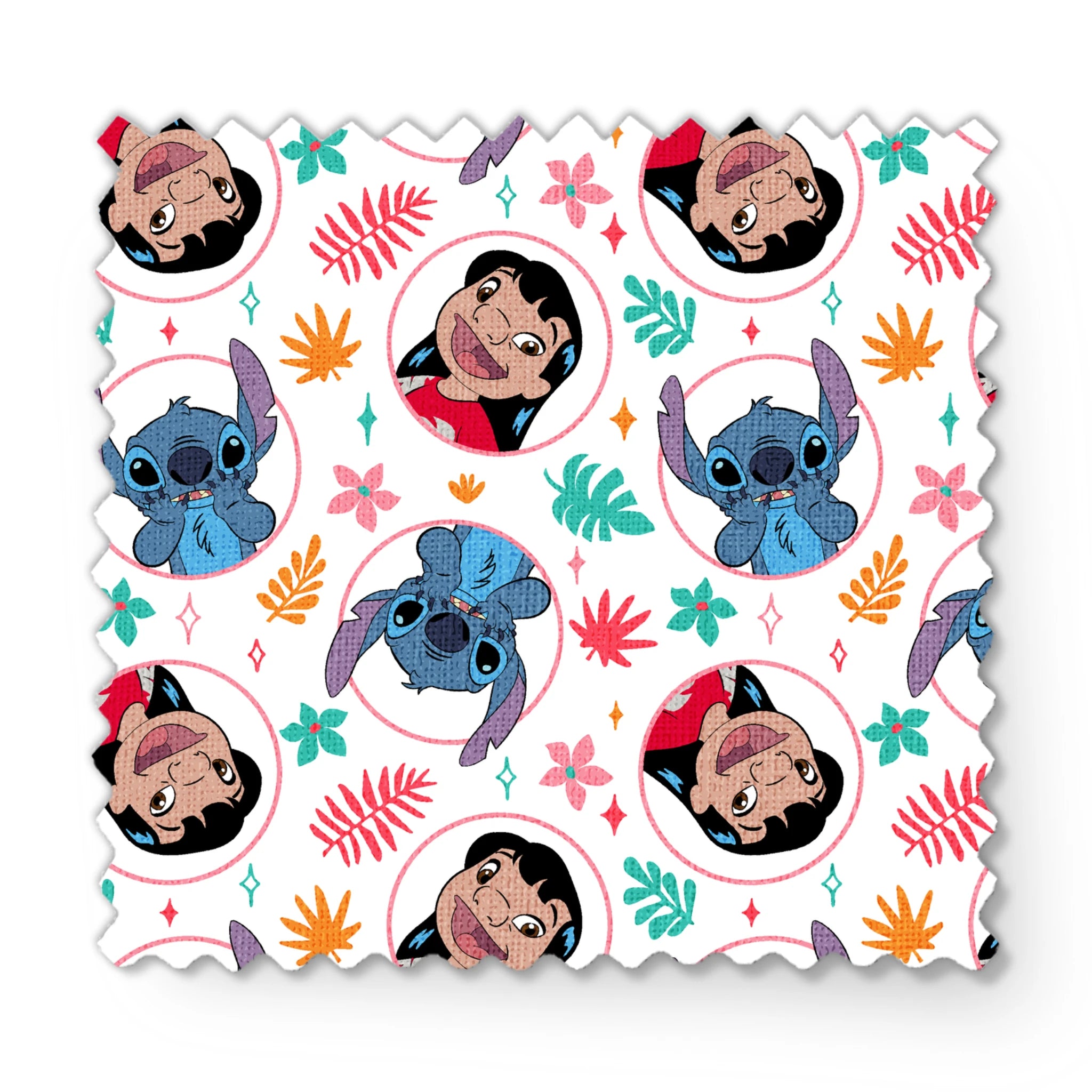 Colorful cartoon pattern with Lilo and Stitch in circles, surrounded by tropical leaves and stars fabric swatch mockup
