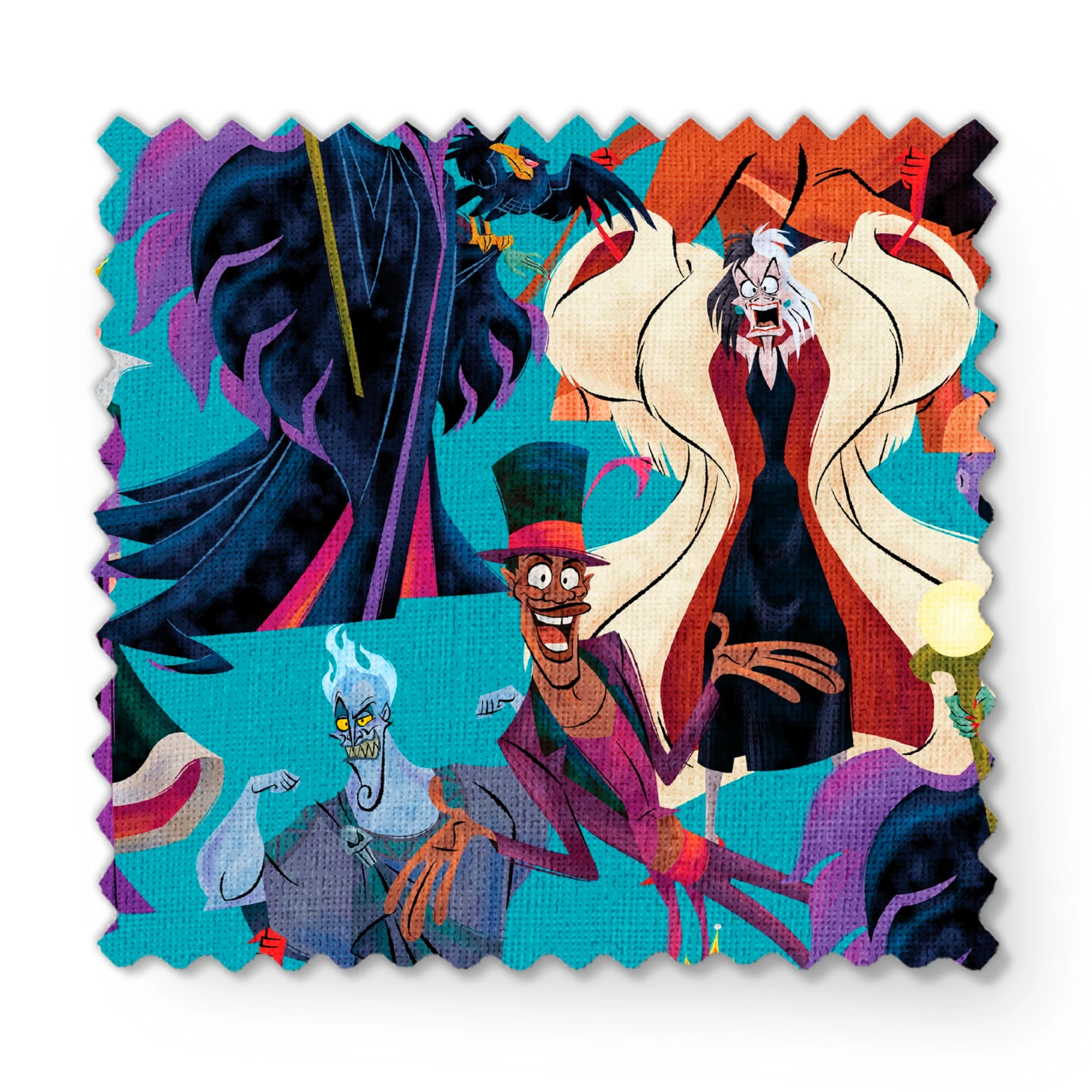 Disney Villains like Ursula, Maleficent, and Hades on a turquoise background in a colorful character pattern. fabric swatch mockup
