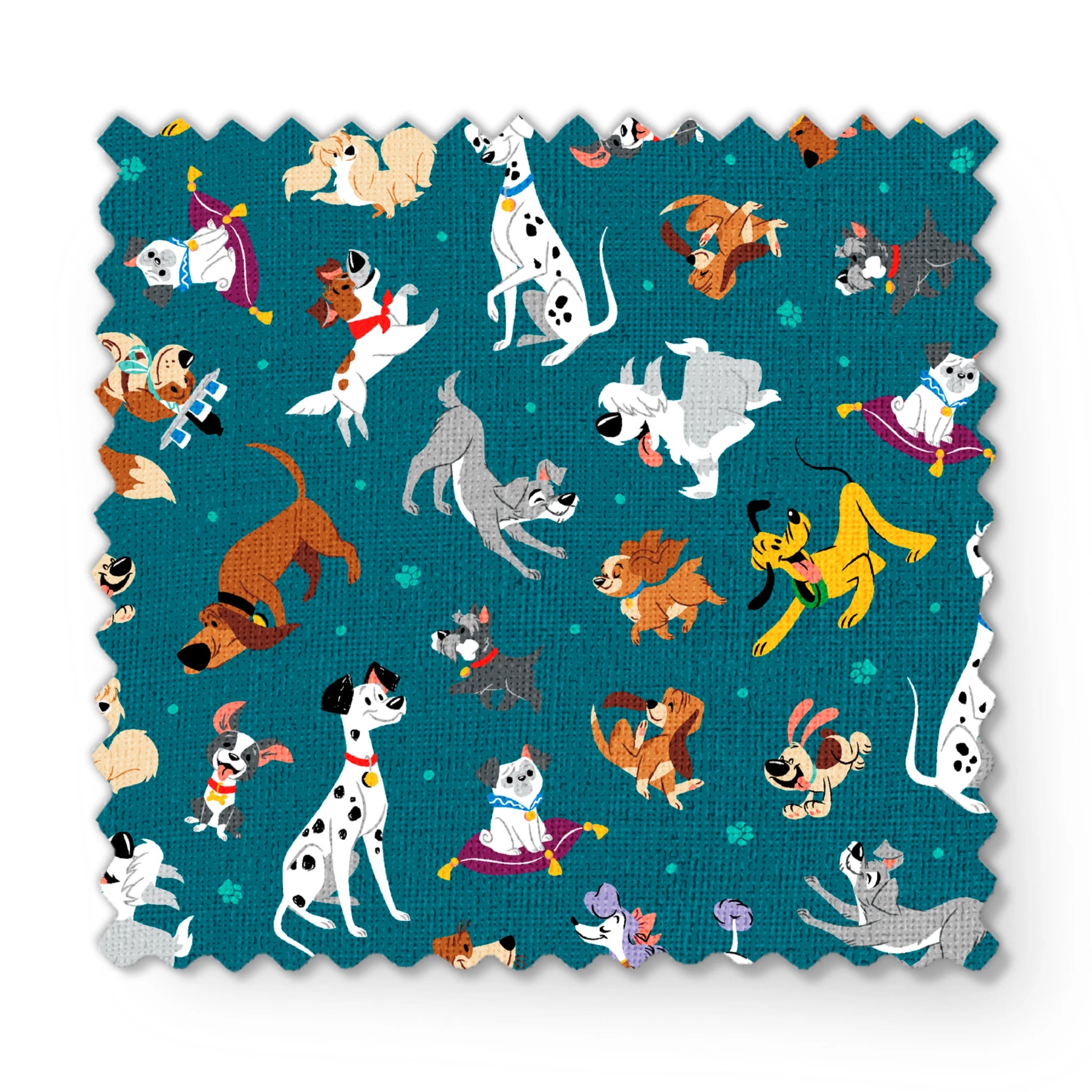 Teal pattern featuring Disney cartoon dogs like Dalmatians, Pluto, Lady and the Tramp, Copper, and other animated pups. fabric swatch mockup