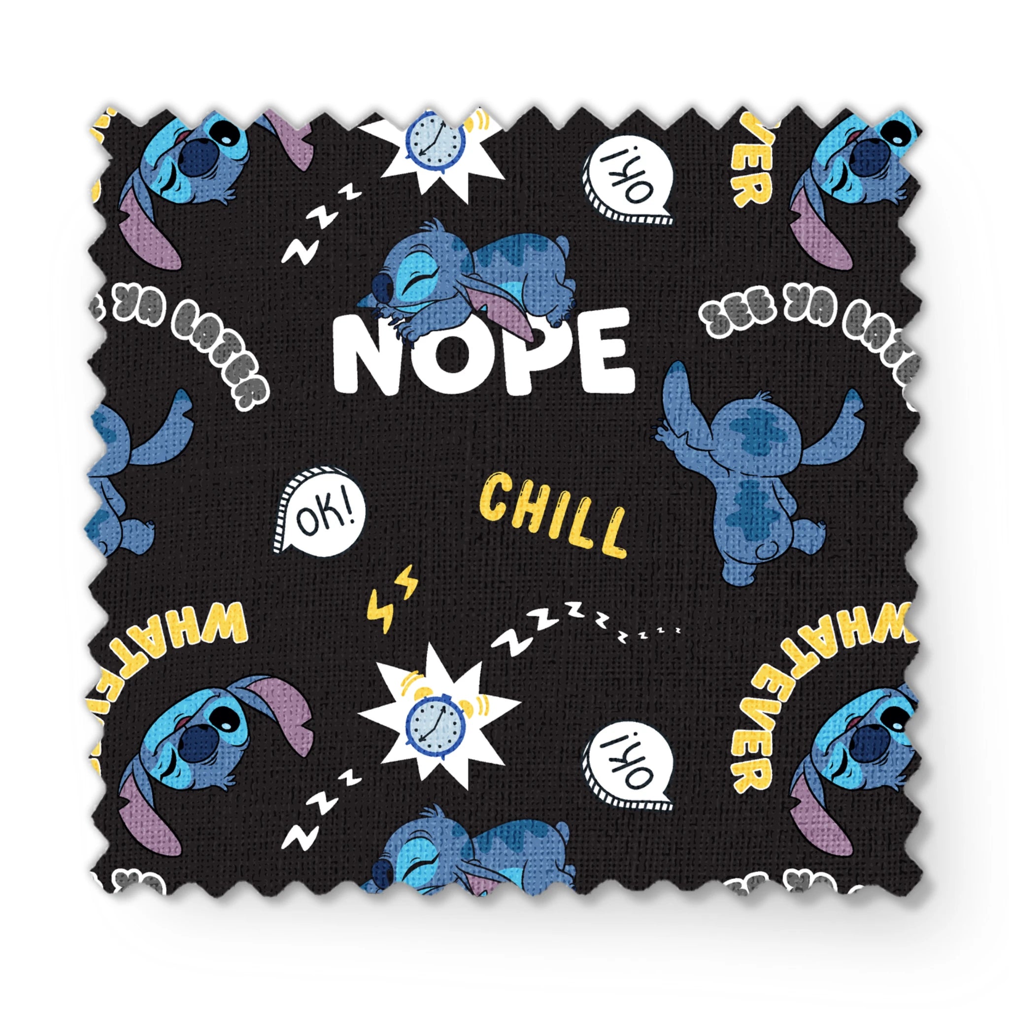 Disney Stitch pattern on black background with text "NOPE," "CHILL," "OK!" and sleep symbols fabric swatch mockup