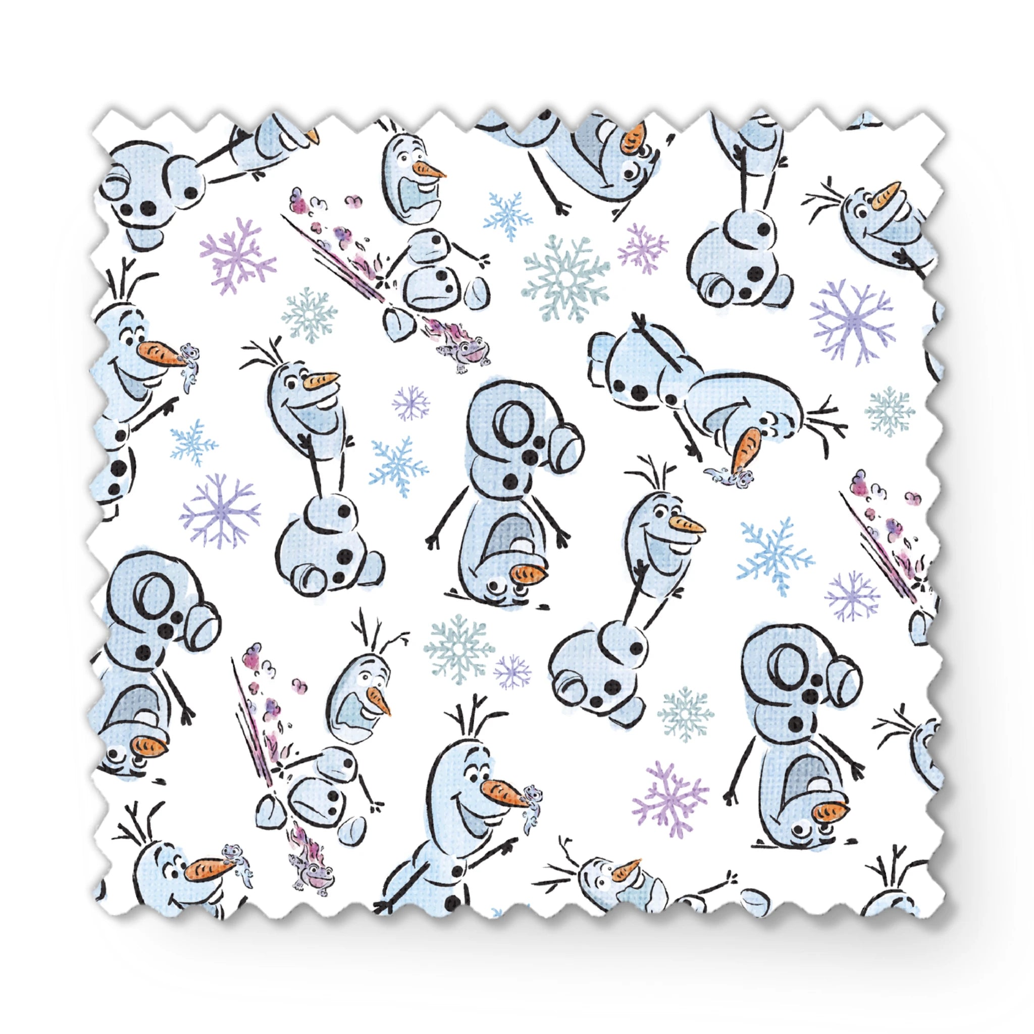 Disney Frozen Olaf with different happy expressions scattered on light blue background with snowflakes fabric swatch mockup