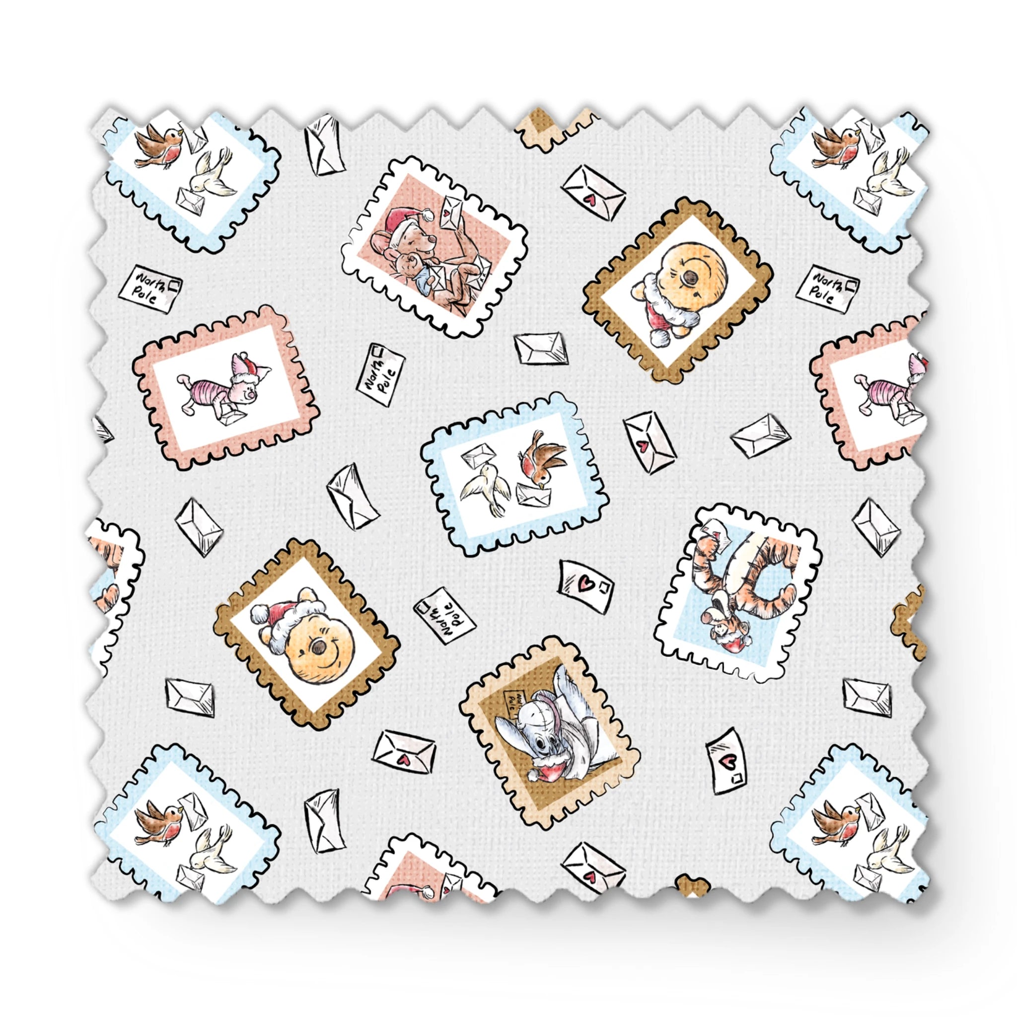 Vintage-style postage stamps with fairy tale illustrations on a light gray background with envelo... fabric swatch mockup
