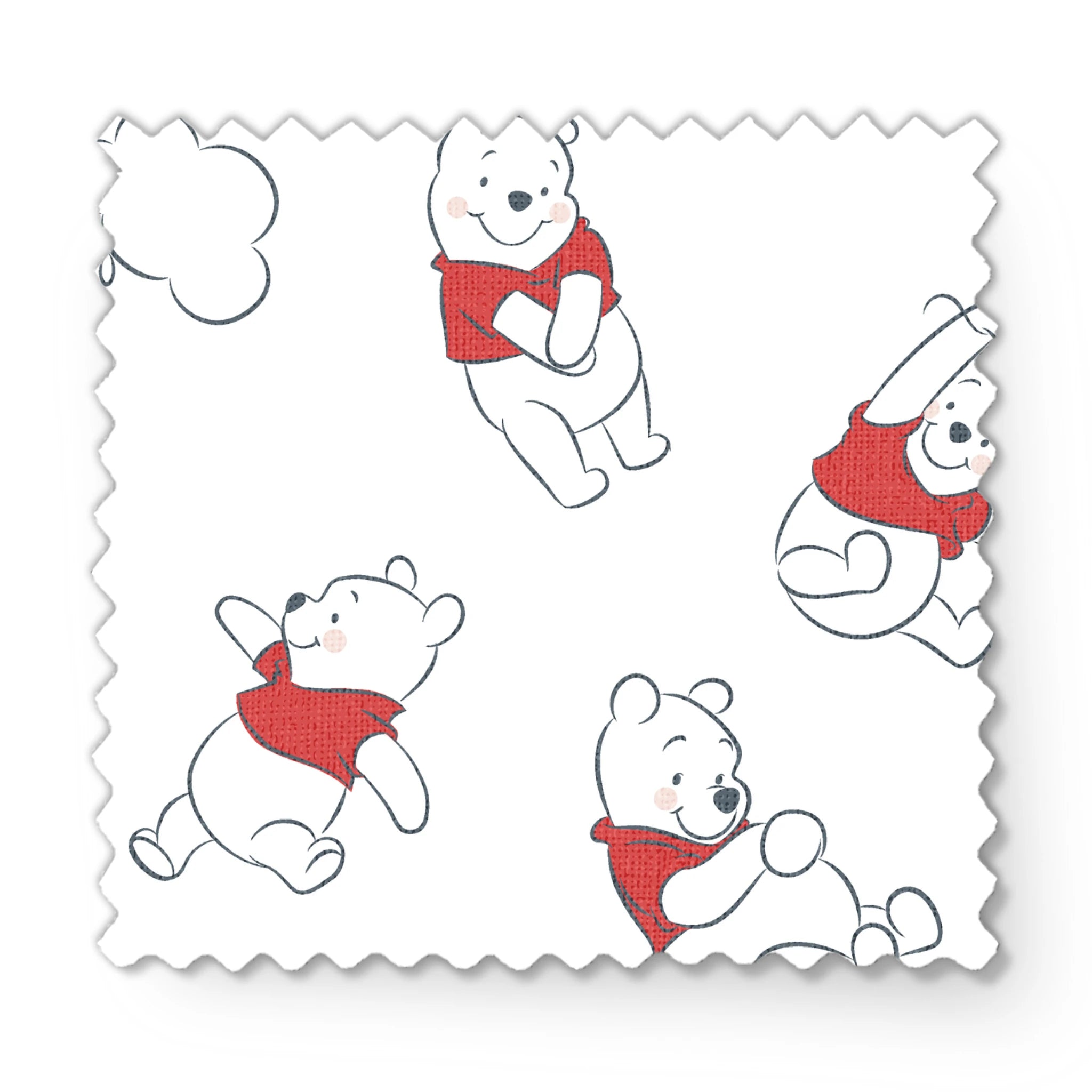 Illustration pattern of Winnie the Pooh in different poses wearing a red shirt on white background fabric swatch mockup