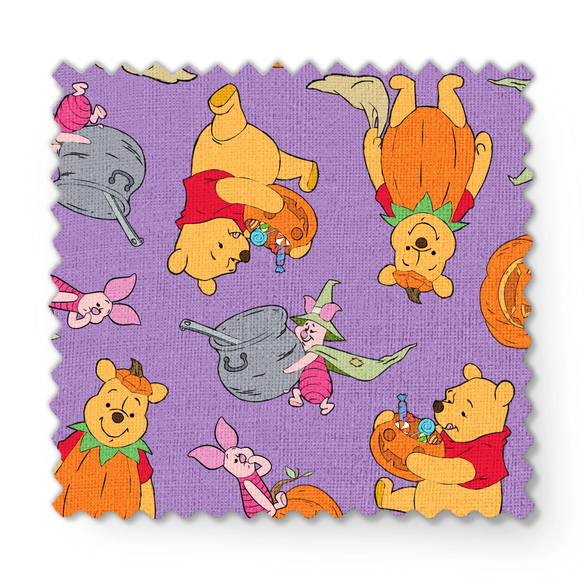 Whimsical Winnie the Pooh pattern with Piglet and Eeyore on purple background with pumpkins fabric swatch mockup